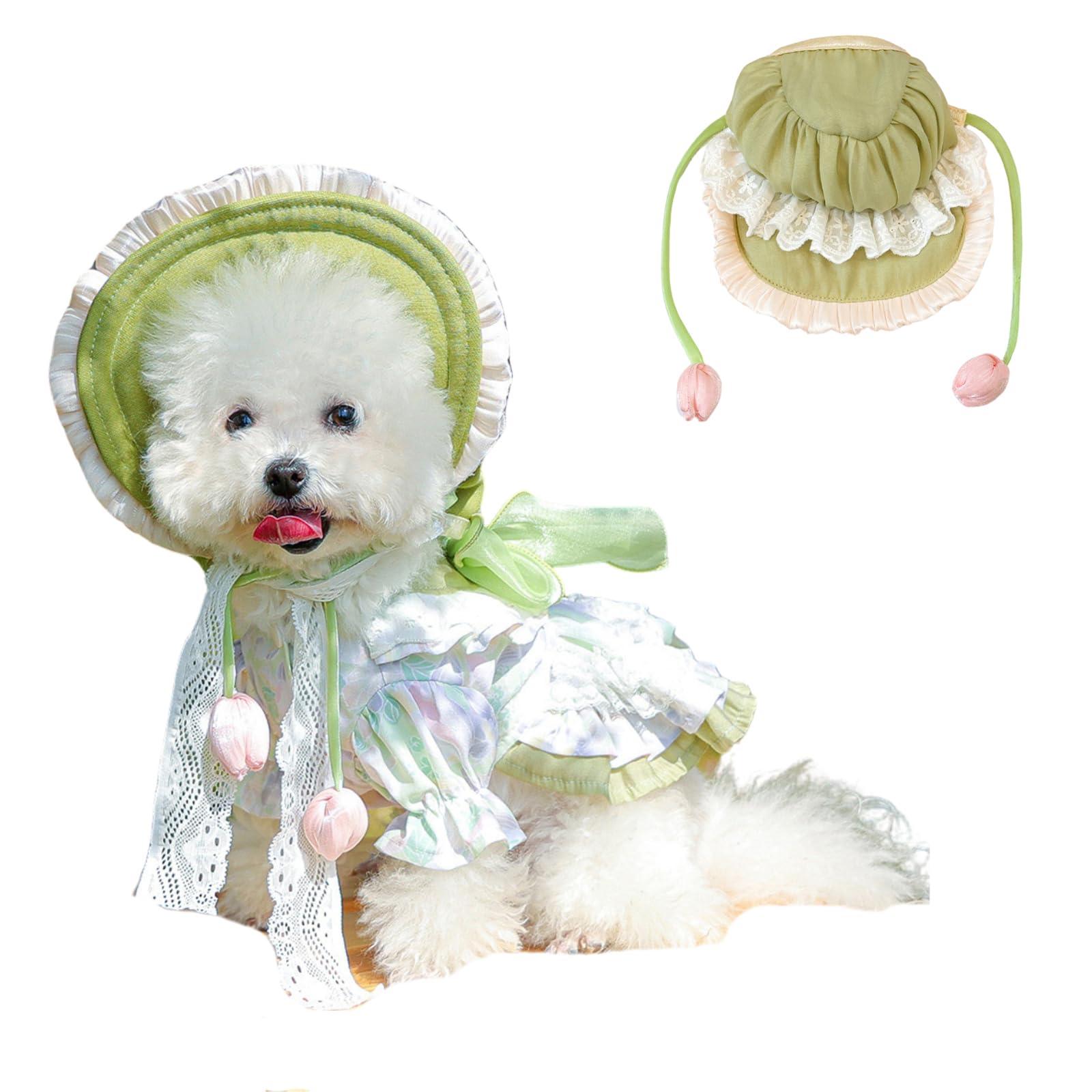 BT Bear Dog Hat,Flower Rural Lace up Pet Lady Dress Hat for Cats Girls Puppy Small Dogs,Green S