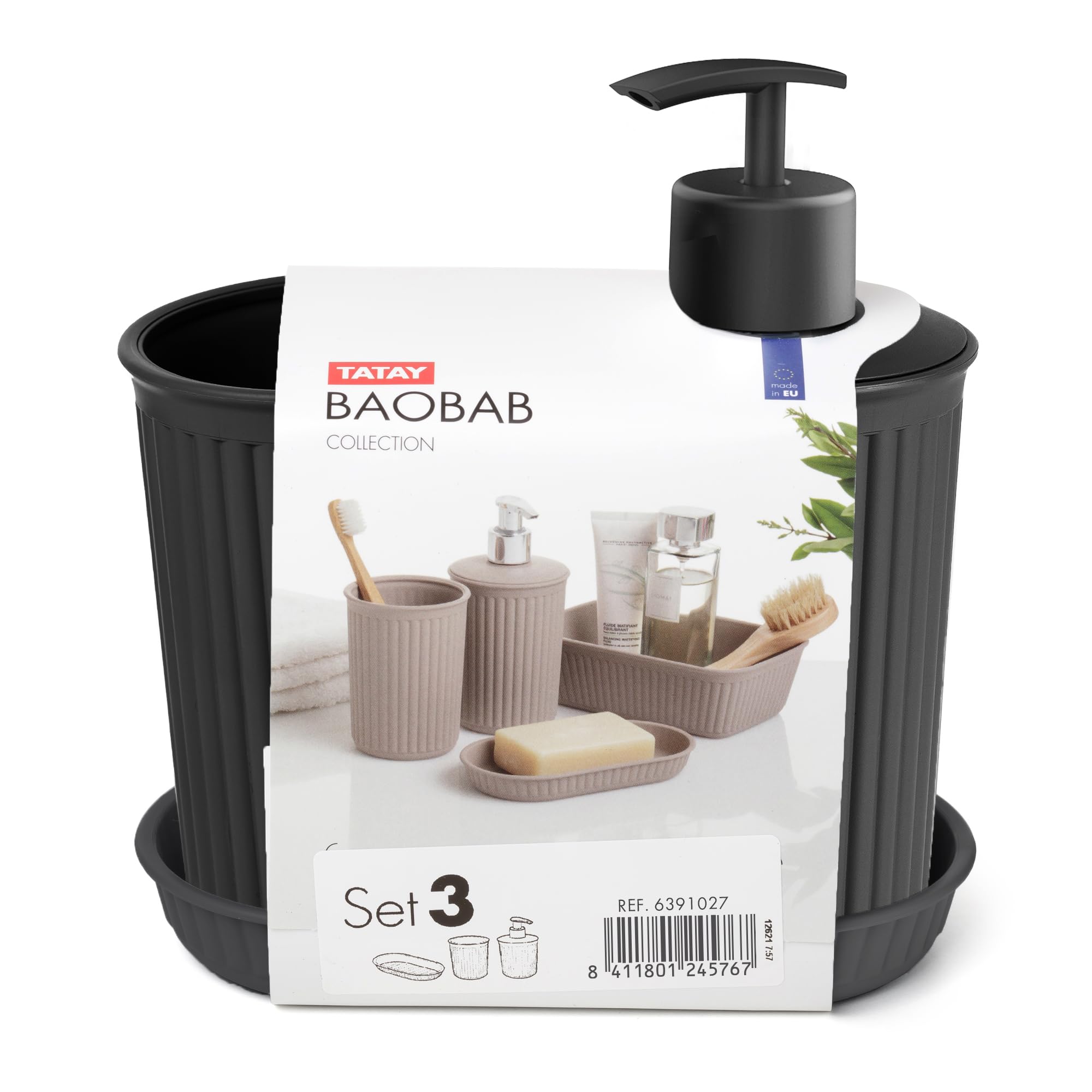 Tatay Set de 3pcs Sobremesa de Baño (Vaso + Dosificador + Jabonera) Baobab, de Plástico, Libre de BPA, Negro