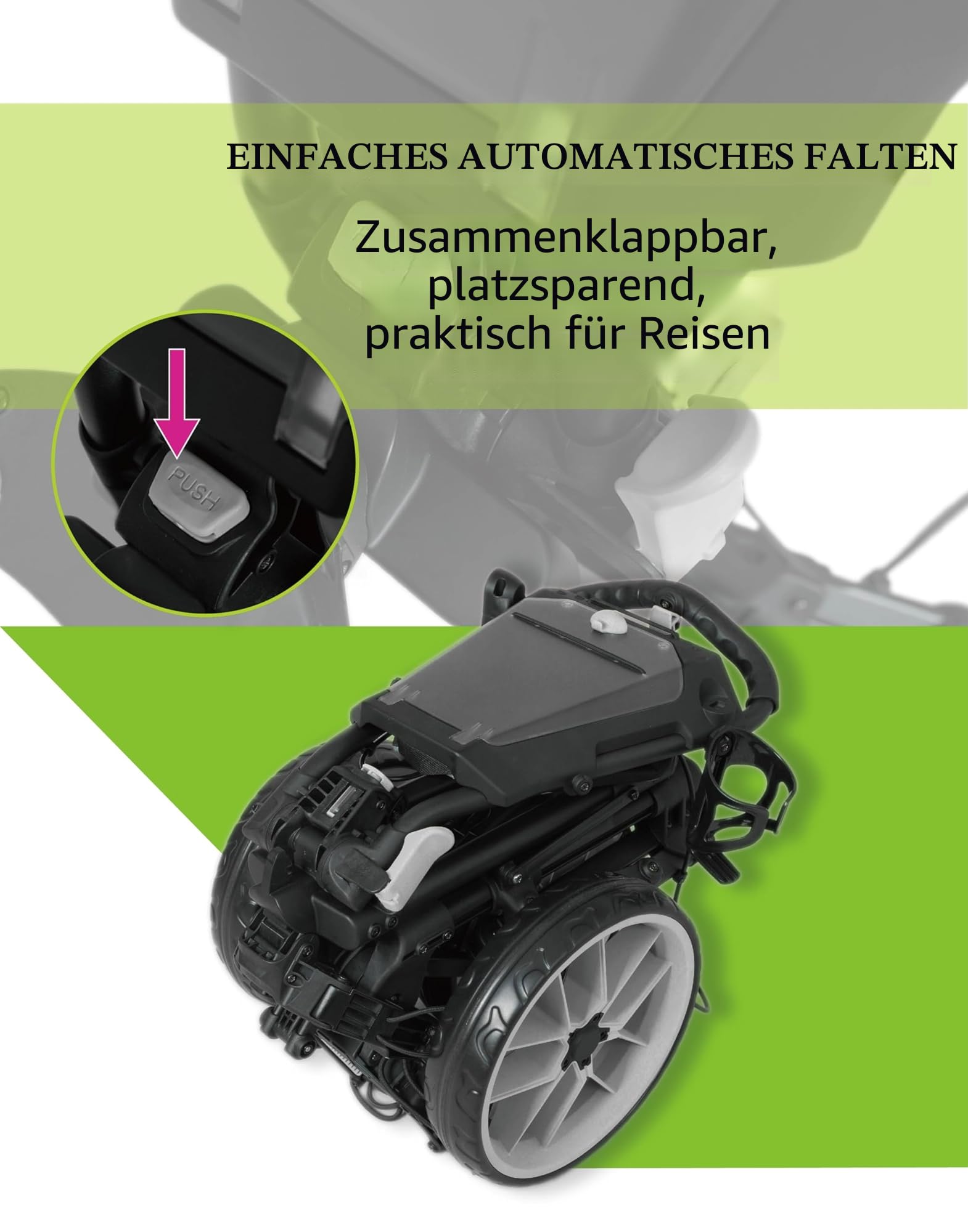 Newfly DREI Rad Golf Tasche Handcart, kompakt, vollautomatisch faltbar, Ultra leicht, minimale Faltbare Größe, Scorecard, Regenschirm Stand