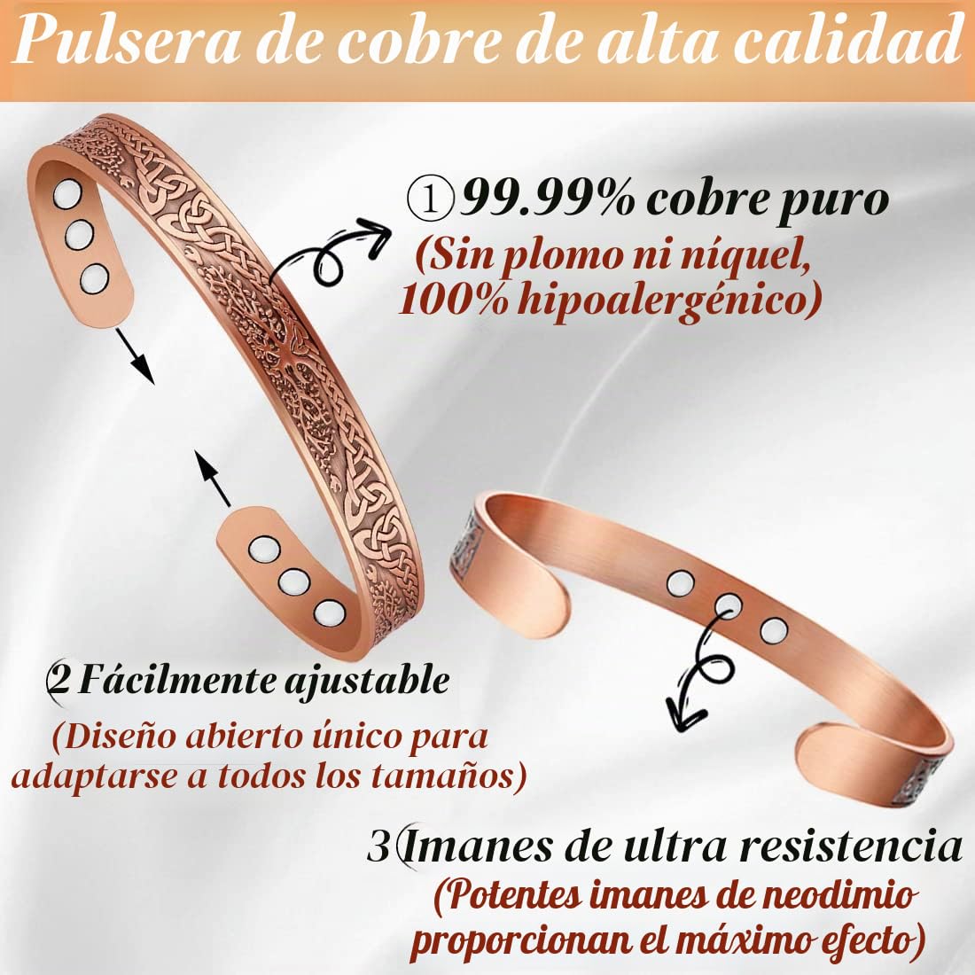 9X Pulsera de drenaje linfático de cobre para mujer, ultra fuerte, imán sólido, pulsera magnética de cobre puro ajustable, brazalete con caja de regalo (Árbol de la Vida)
