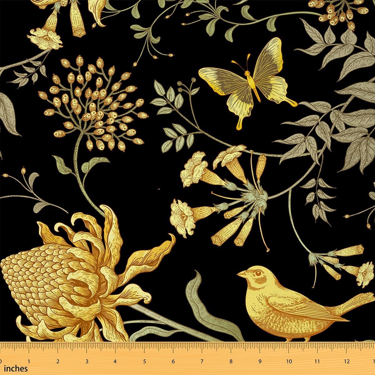 Chrysanthemum Fabric by The Yard,Birds Butterfly Retro Flower Print Upholstery Fabric for Curtains Lamp Shade,Garden Theme Vintage Style Sewing Fabric for Kids Gifts DIY Projects,5 Yards