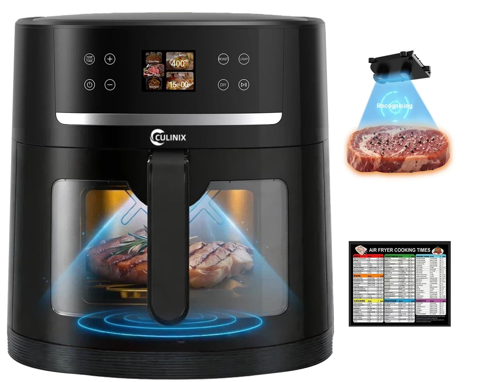 8 5QT Large Air Fryer Smart Recognition Airfryer with Visible Window 12 Auto Functions and DIY Mode Shake