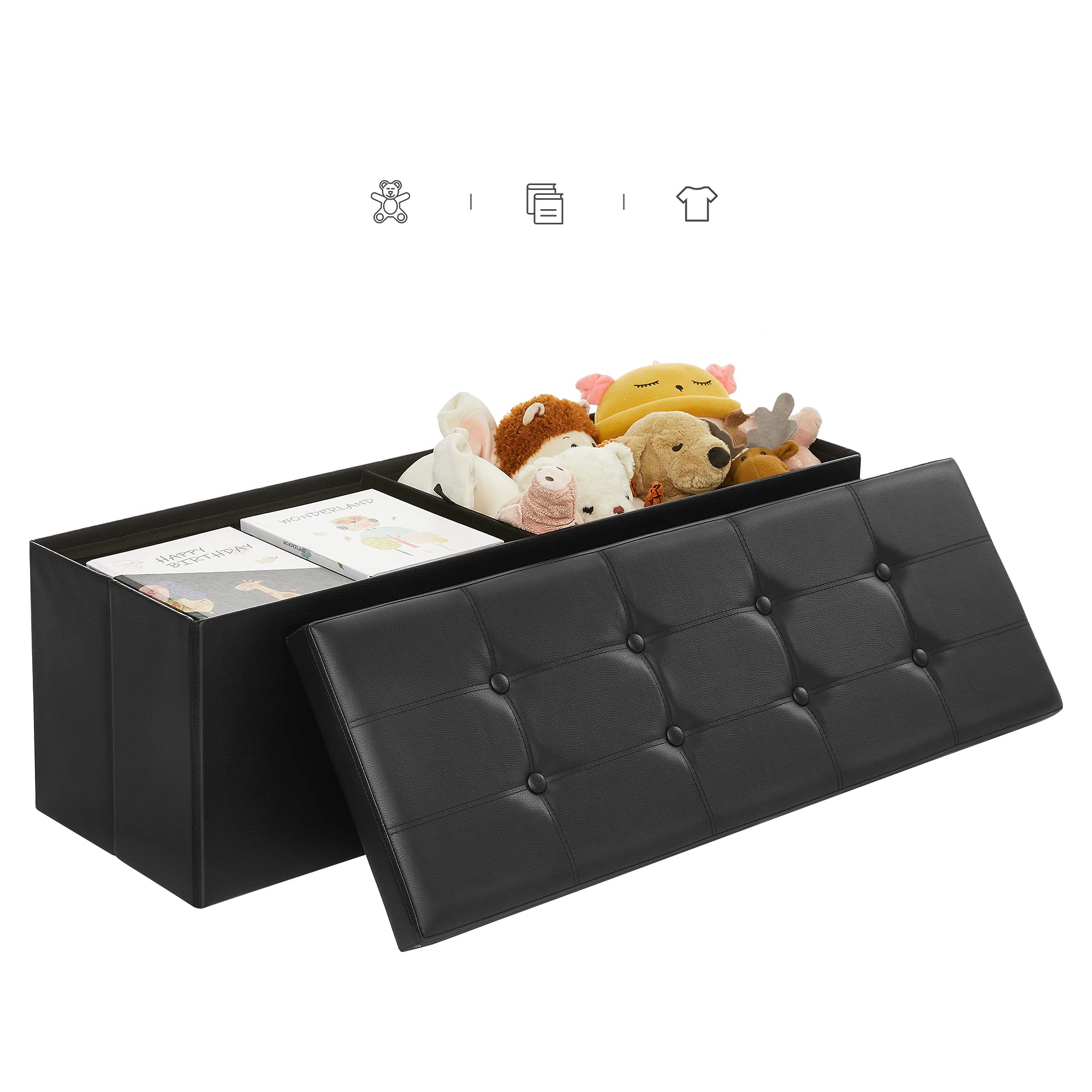 SONGMICS Cassapanca Contenitore 120L, Pouf Contenitore, Panca Poggiapiedi Pieghevole, Capacità di Carico di 300 kg, Seduta Imbottita, Nero LSF701
