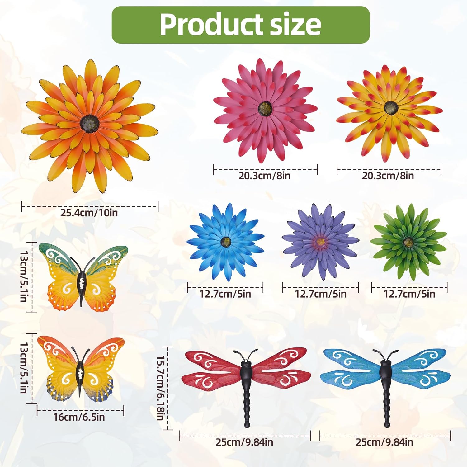Hionfion 10 Pcs Metal Flower Wall Art Decor Kit, 3D Metal Flowers Butterfly Dragonfly Wall Art Decor Hanging Outdoor Wall Art Multicolored Handmade Flowers Outdoor Garden Patio Decor (Vivid Color)