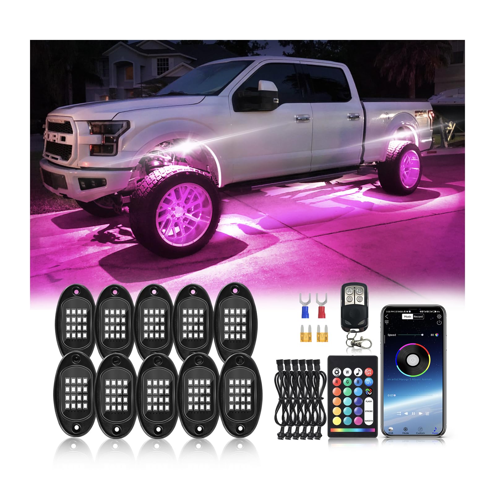 Segmented RGB LED Rock Lights Kit with APP/RF Remote Control, Multicolor 10Pods Underglow Neon Light Waterproof 12V Underbody Brake Light Fender Lights for Jeep Golf Cart Trucks Pickup ATV UTV RZR SXS