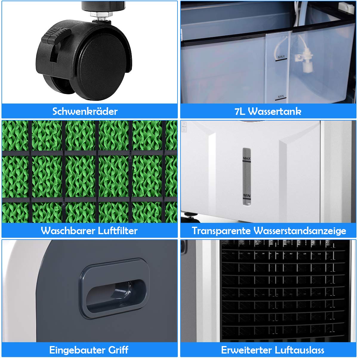 COSTWAY 2000W Luftkühler tragbar, Verdunstungskühler mobil Klimaanlage | Klimagerät ohne Abluftschlauch, Heizlüfter Luftbefeuchter Luftreiniger 8H Timer / 7L Wassertank / 70°Winkel / Fernbedienuung