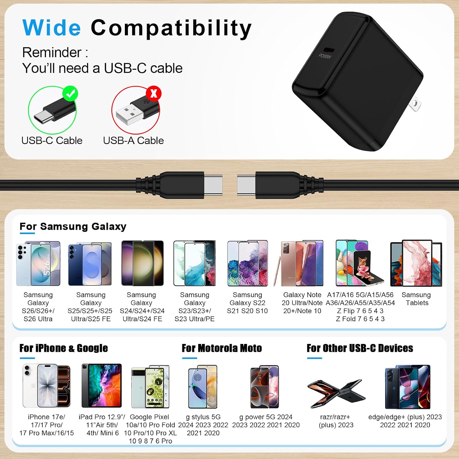 65W Super Samsung Fast Charger Type C for Samsung Galaxy S26 Ultra S26+ S26 S25 FE S24 S23 S22 S21 S20 A57 A37 A17 5G A26 A36 Fold Flip, Android Phone Charger Block 6FT USB C Cable Fast Charging Cord