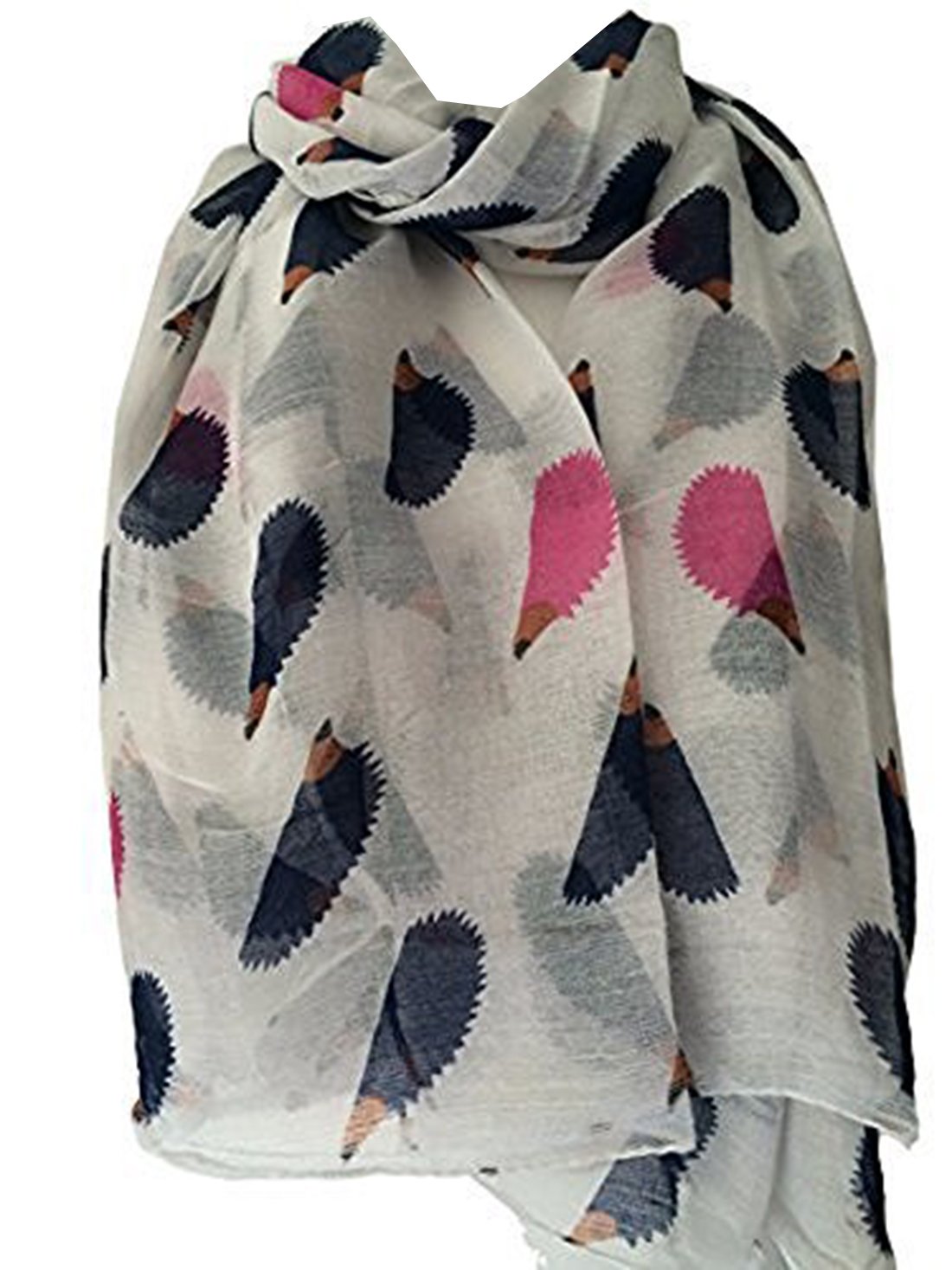 World Of Shawls Women's White Scarf With Navy Blue & Pink Hedgehogs New Celebrity Style Long Scarf Scarves Maxi Sarong Sale (White Scarf With Navy Blue & Pink Hedgehogs)