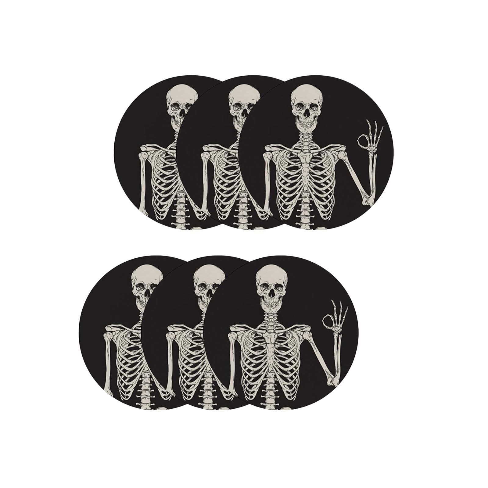 6Pcs Ceramic Stone Round Beverage Coasters Skeleton Skull Pattern Cup Drink Cup Pad Table Decorations Round Drink