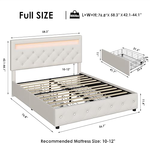 Miniatura 2 de Keyluv Base de cama LED tapizada de terciopelo de tamaño matrimonial con 4 cajones de almacenamiento, cabecera capitonada con botones de cristal y
