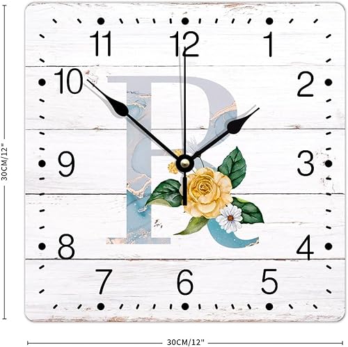 Miniatura 2 de Reloj de pared de PVC con letra inicial R, monograma y apellido de girasol, 12 pulgadas, cuadrado, silencioso, sin tictac, divertido reloj colgante