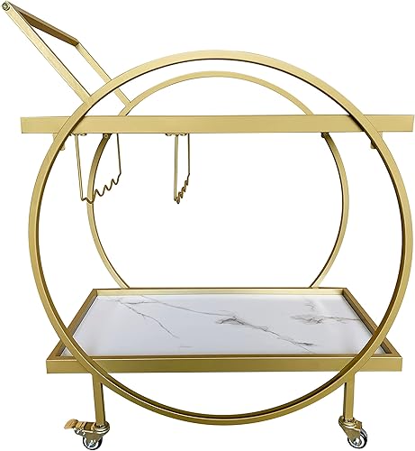 Miniatura 7 de AT-VALY Carrito de bar con estante para vinos, carrito de servicio móvil de 2 niveles con ruedas, carrito de vino para el hogar, cocina, dorado