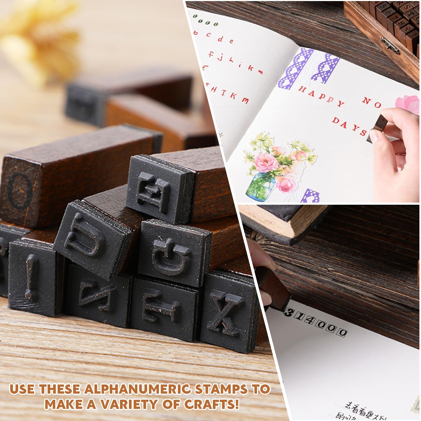 70 piezas Juego de Sellos de Madera y Goma,Sellos de Alfabeto Sellos de Letras Multiusos con Caja de Madera para Manualidades, Tarjetas, Álbum Recorte, Decorar