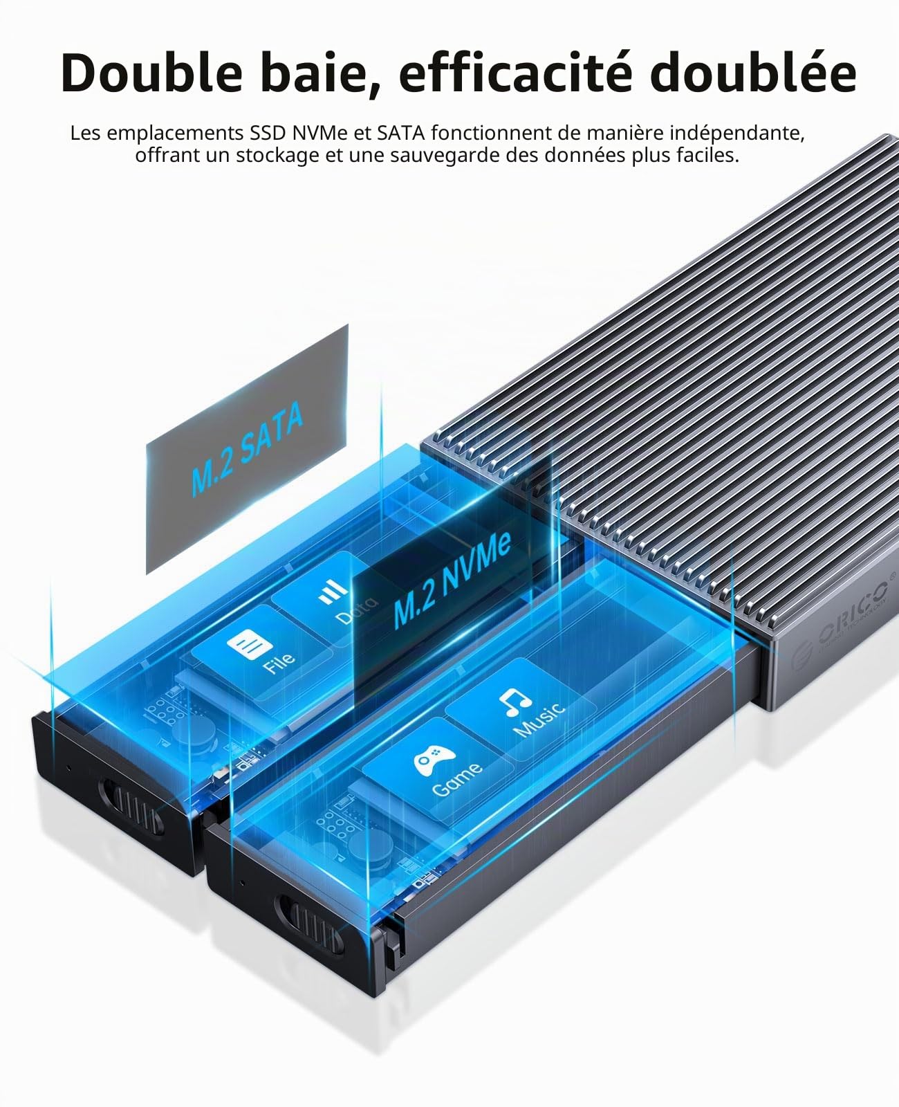 ORICO Boîtier M.2 NVMe NGFF SATA SSD, Dual-Bay Aluminium USB3.2 Gen2 10Gbps Adaptateur pour M-Key, B&M Key, B Key 2230/2242/2260/2280 SSD, sans Outil M.2 Type-C Station d'accueil, Jusqu'à 4To- BM2-2S