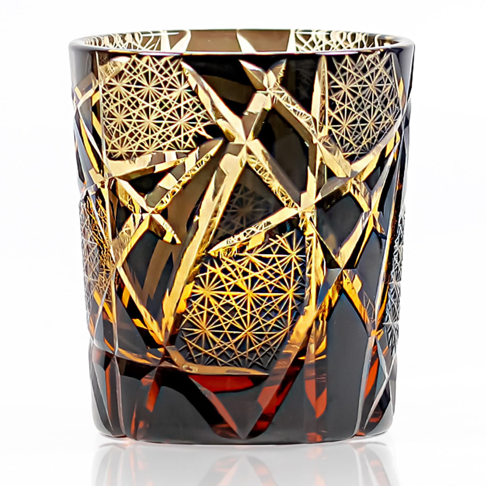 Vaso Whisky Japones Edo Kiriko Kiku Tsunagi - Vaso Degustacion Regalo Hombre para Bourbon - Vidrio Premium (Ámbar, 250ml)