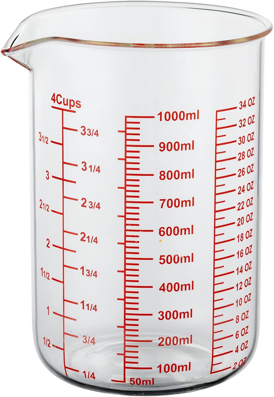High Borosilicate Glass Measuring Cup-V-Shaped Spout，Glass Measuring Beaker for Kitchen or Restaurant, Easy to Read, 1000 ML (32 Oz, 4Cup)
