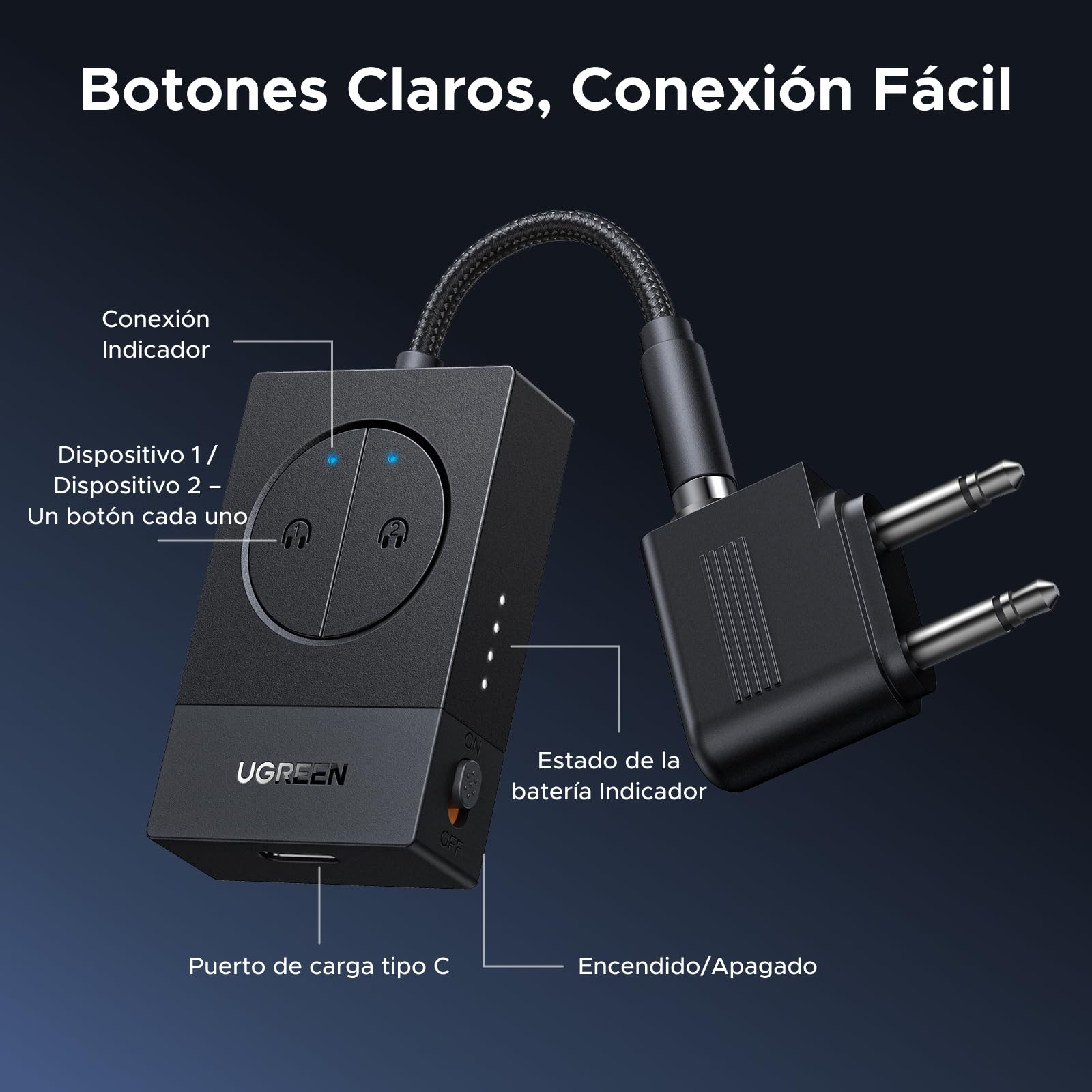 UGREEN Transmisor Bluetooth 5.4 para TV Avión Aux 3.5 mm Adaptador Transmisor Bluetooth Audio para Auriculares Altavoces