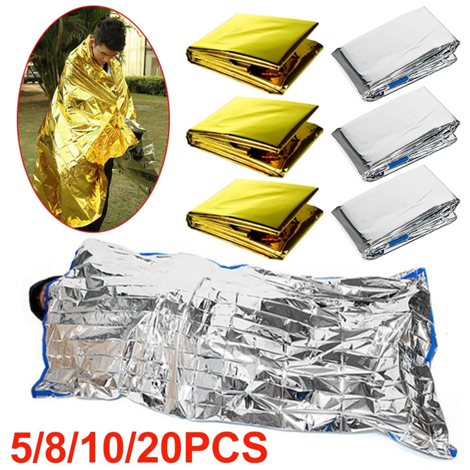 Kit de Primeros Auxilios de Rescate a Baja Temperatura for Exteriores, Manta Aislante, Saco de Dormir, Estera Salvavidas con película de poliéster for Mantener el Campamento(Blanket 30PCS)