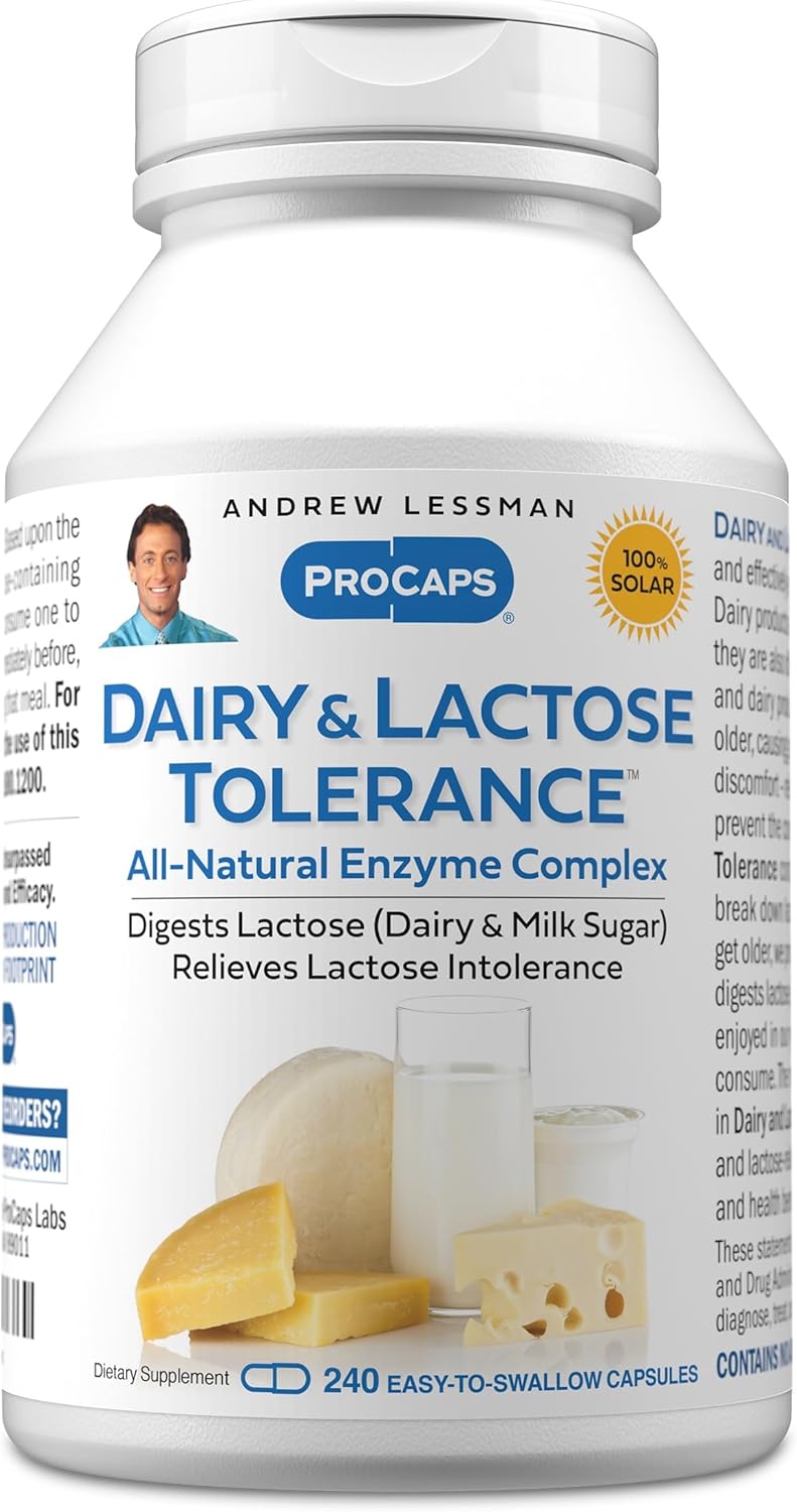 ANDREW LESSMAN Dairy and Lactose Tolerance 240 Capsules - Enhances Natural Digestion of Dairy and Lactose. Mild, Powerful, All-Natural Enzymes Help Avoid GI Discomforts in Digestion. No Additives