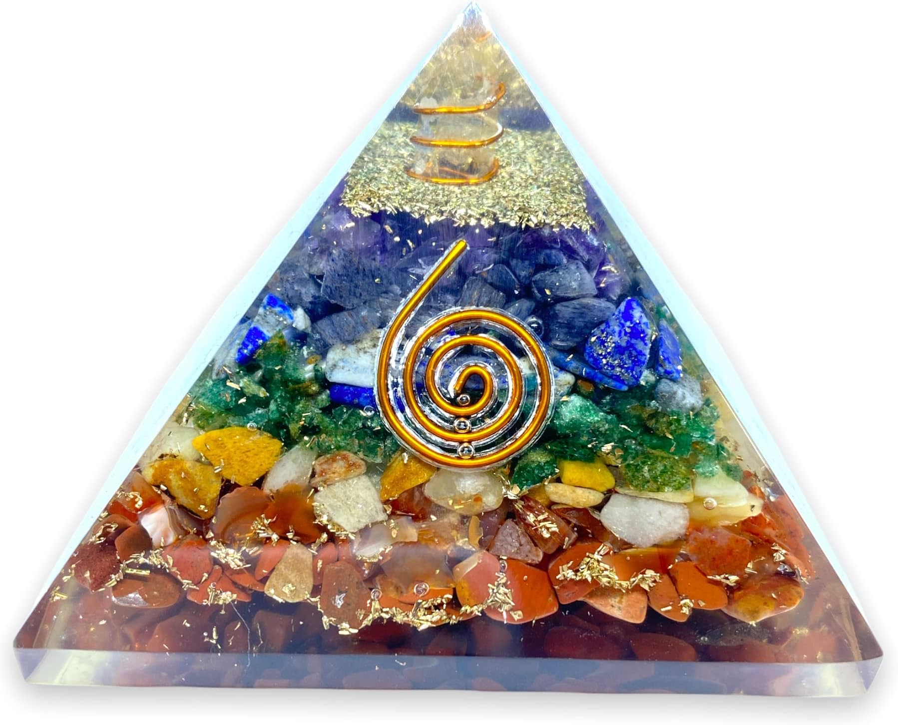 Spiritual Elementz Reiki Charged Chakra Healing 7 Chakra Orgone Pyramid (3' Inch) With Clear Crystal Gemstone Copper Metal (Seven Layers of Aura)