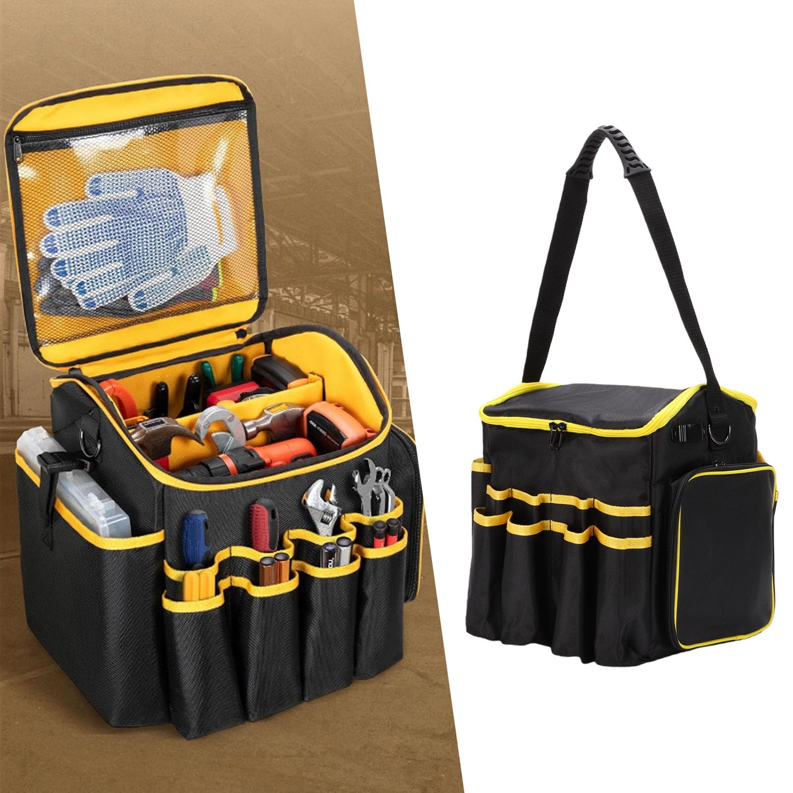 Sac à Outils de 20 L avec Base de Pieds en Caoutchouc Antidérapant, Séparateur Central Amovible, 8 Poches Avant et Fentes élastiques Latérales pour Perceuse, Embouts (12 pouces)