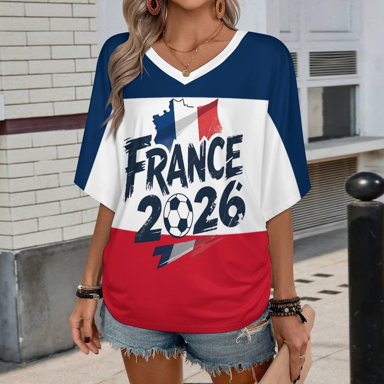 Maillot Equipe de France Foot 2026 Tee Shirt Femme - Été Supporter Football T-Shirt Musique Mode Streetwear Impression pour Les Fans de Sport