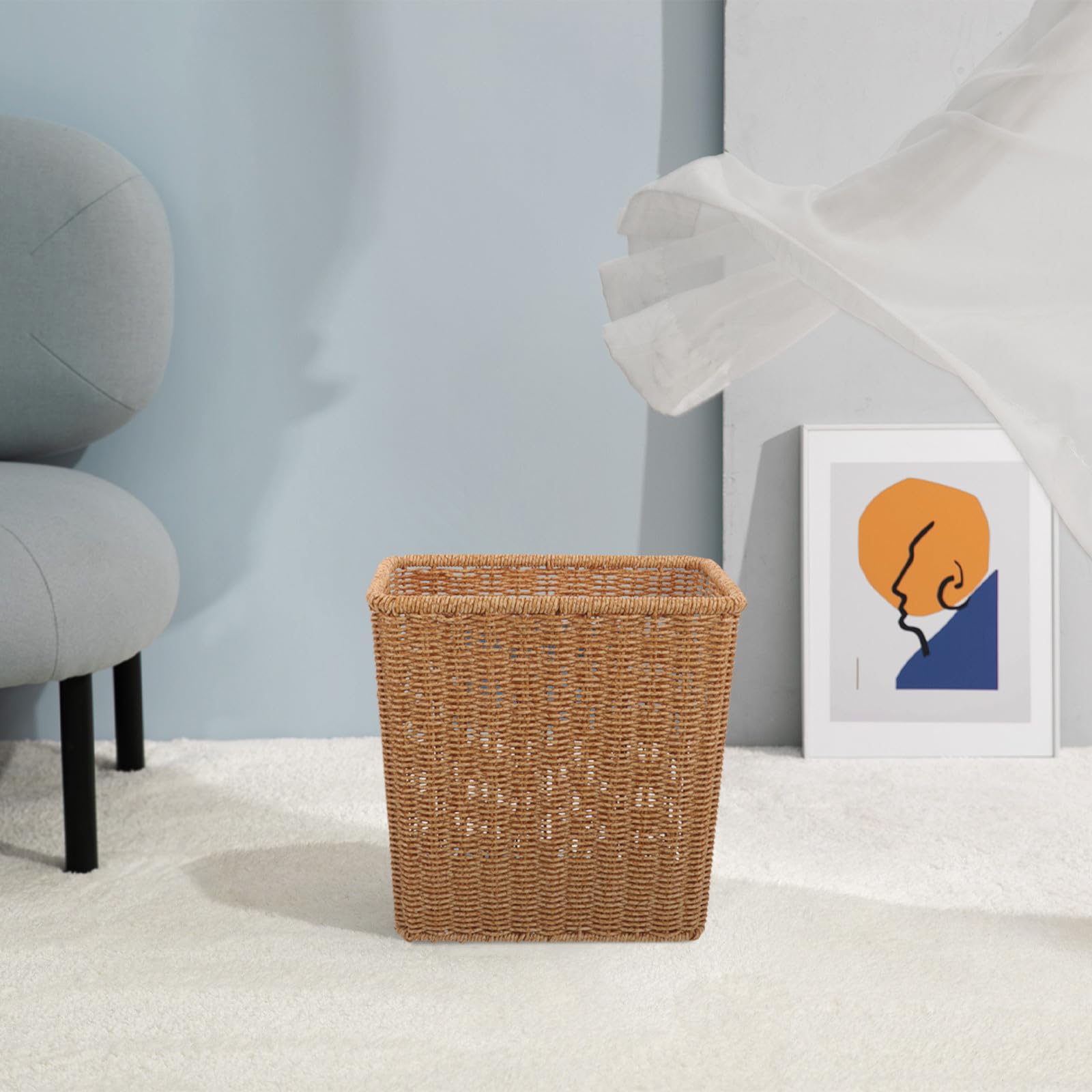 Cesta Mimbre Tapa Multifunción Ligera de Plástico Estilo Rústico para Almacenamiento y Basura Pequeña en Dormitorio o Baño