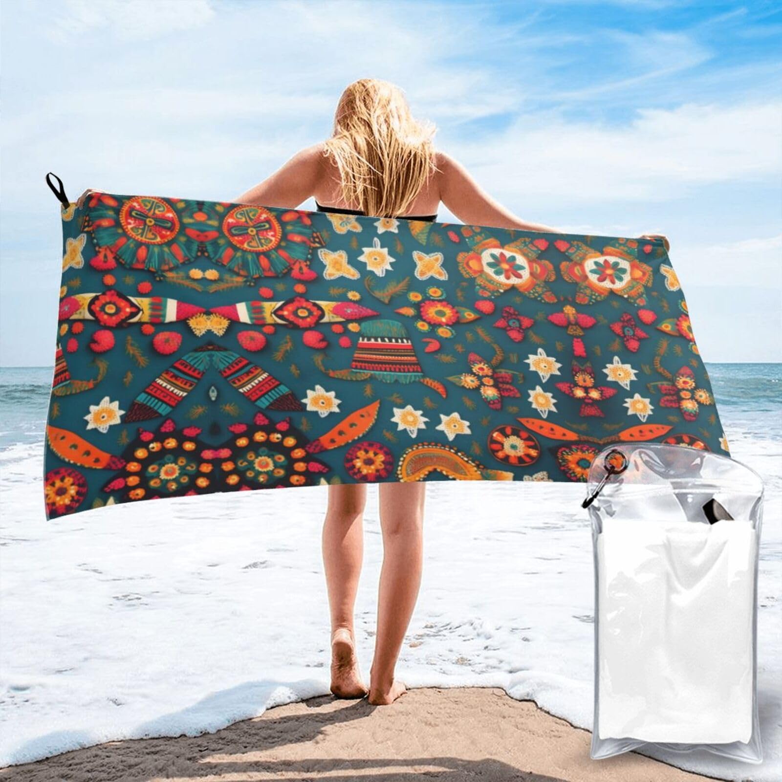 HLBSDM Mexican Folk Boho Print Beach Towel Quick Dry Portable for Swimming Yoga Travel Campers