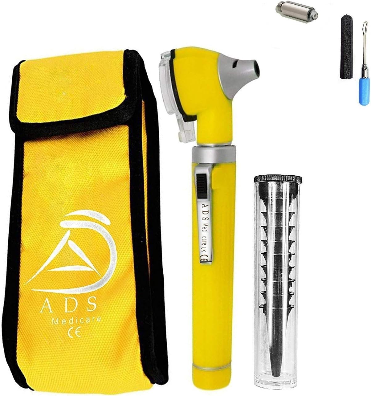 ADS Medicare Mini Otoscope ENT Optical Fibre LED Illumination Medical Tool Diagnostic Examination CE Approved with Complimentary Ear Cleaner & Spare Bulb (Yellow)