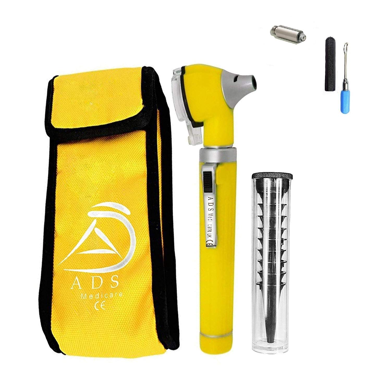 ADS Medicare Mini Otoscope ENT Optical Fibre LED Illumination Medical Tool Diagnostic Examination CE Approved with Complimentary Ear Cleaner & Spare Bulb (Yellow)