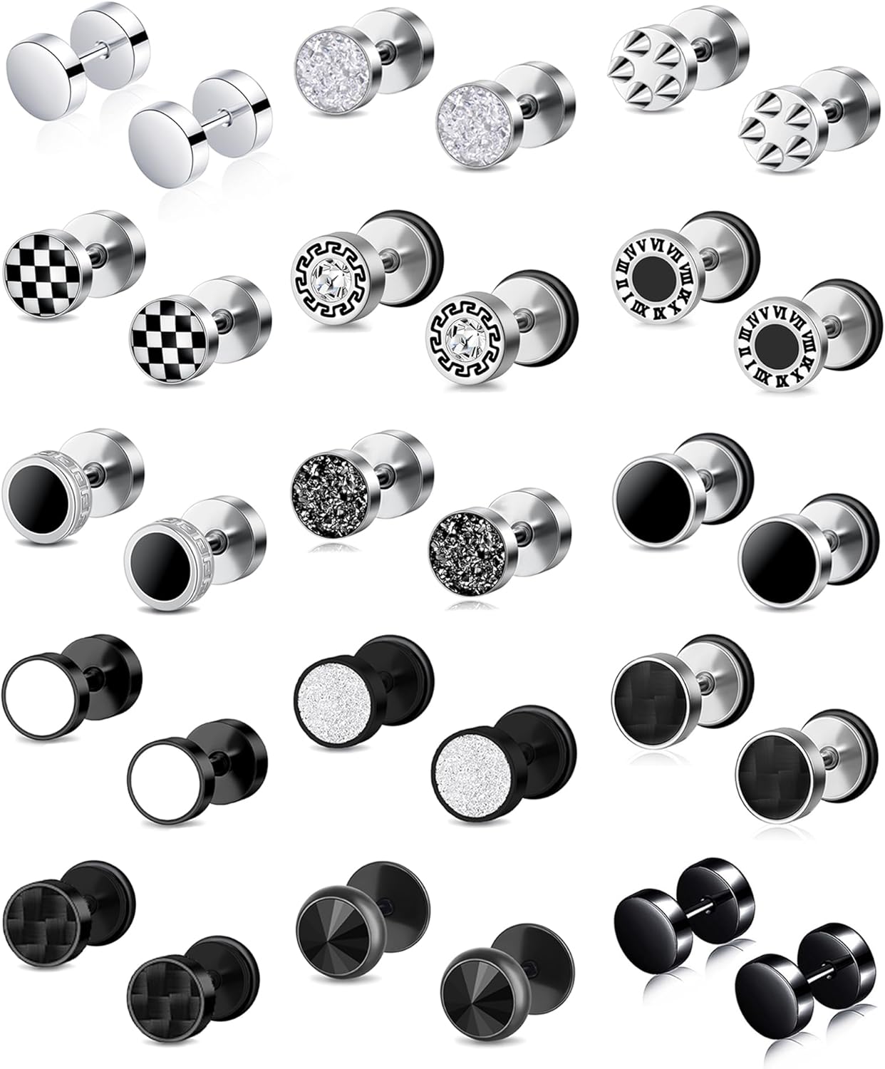 15 Pairs Fake Gauge Earrings Stainless Steel CZ Barbell Cartilage Stud Earrings Set Plug Earrings Faux Gauges Ear Tunnel for Men Women Black Silver Plated 8mm 10mm