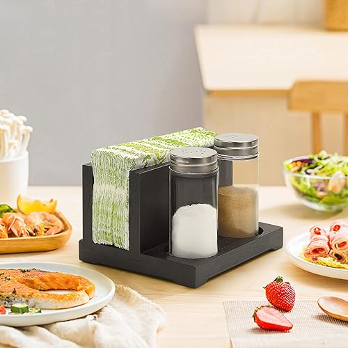 Miniatura 8 de AKKO Servilletero rústico con salero y pimentero, servilletero de madera para mesa con 2 botellas de especias, perfecto para mesa de comedor,