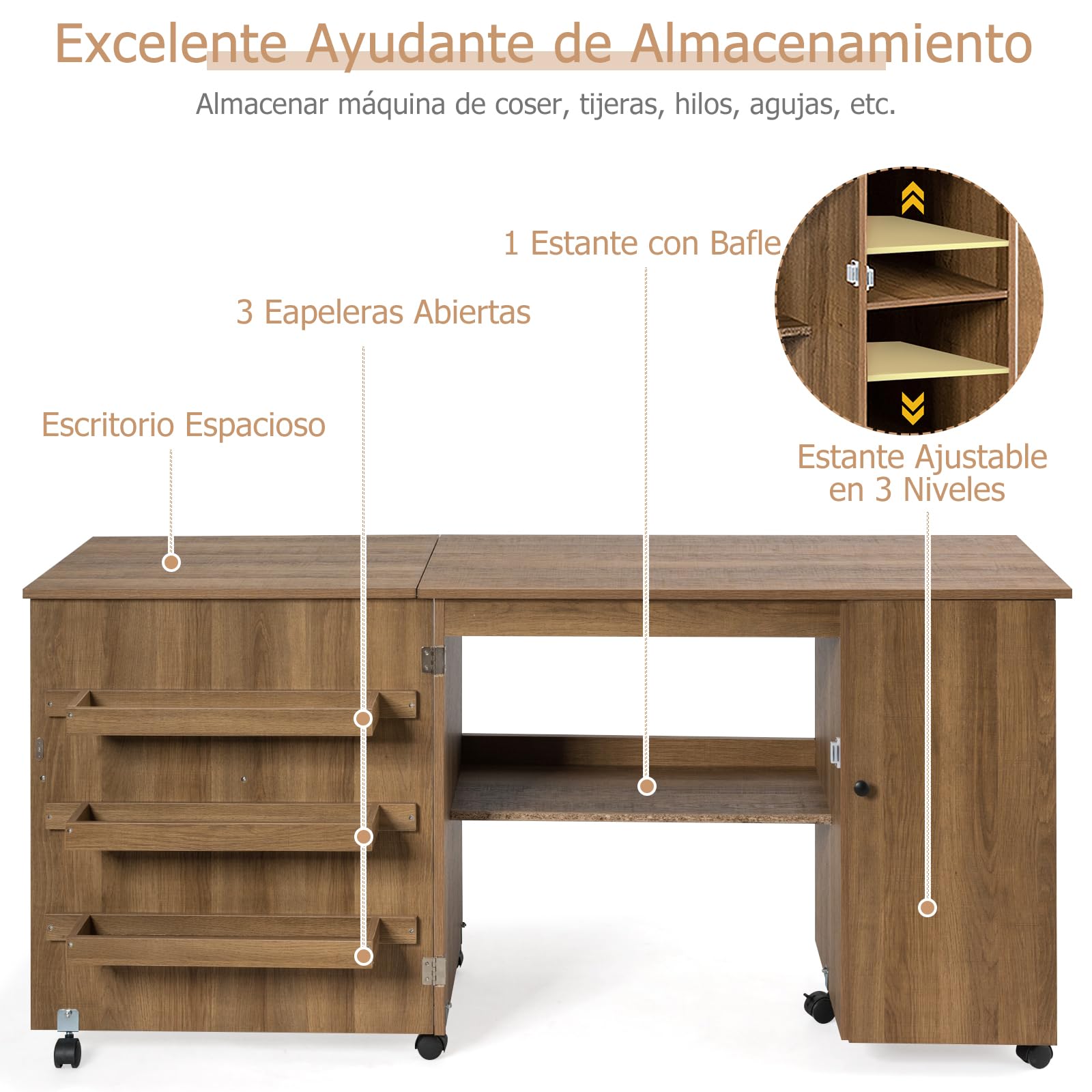 GIANTEX Armario de Costura Plegable con 5 Ruedas y 3 Estantes, Mesa Plegable de Costura con Tabique, Mueble para Máquina de Coser para Dormitorio, Salón y Estudio (Marrón)
