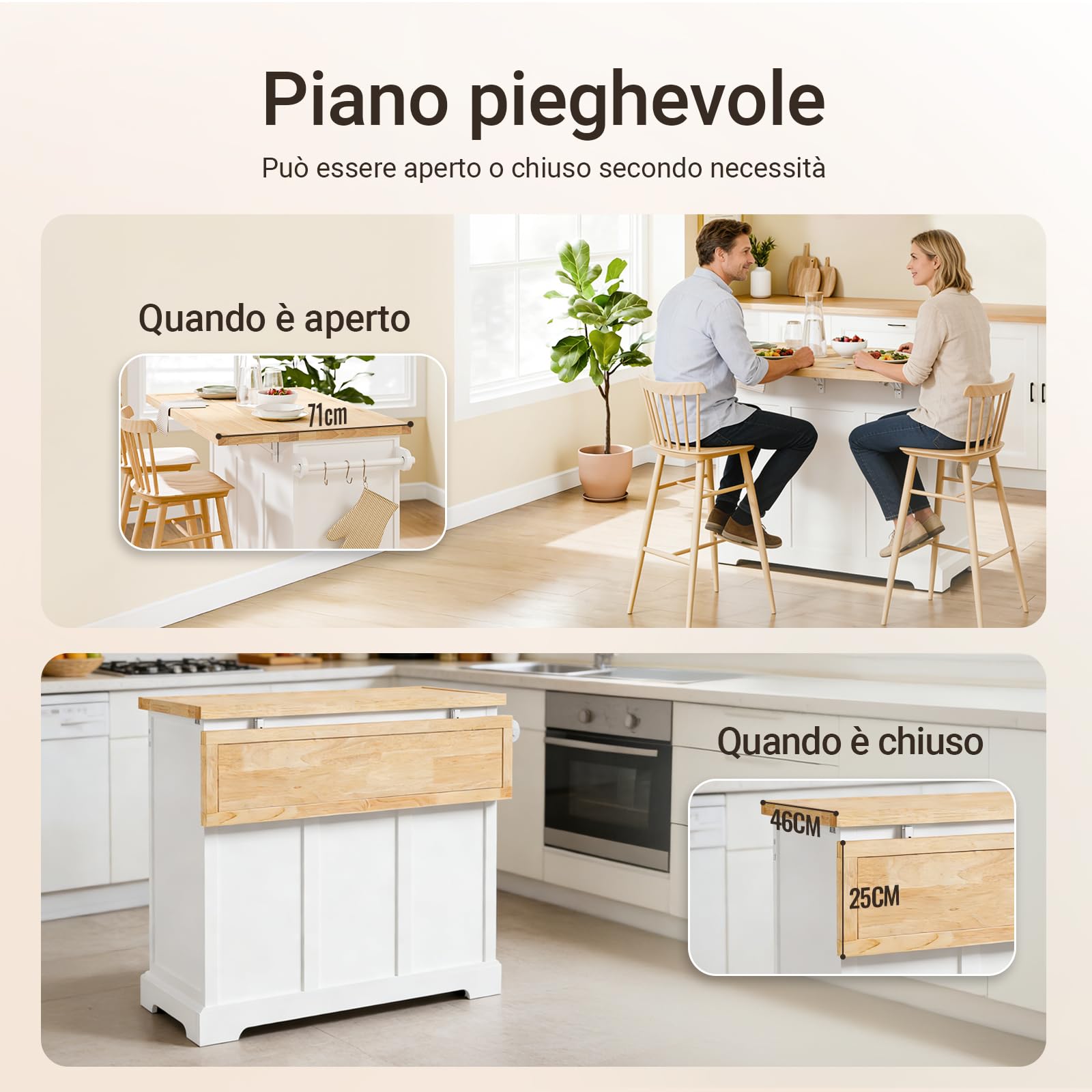 SoBuy isola cucina con ruote carrello da cucina con piano di lavoro pieghevole mobile cucina con ruote penisola cucina piano lavoro Bianco 115x92x(46-71) cm FKW71-III-WN