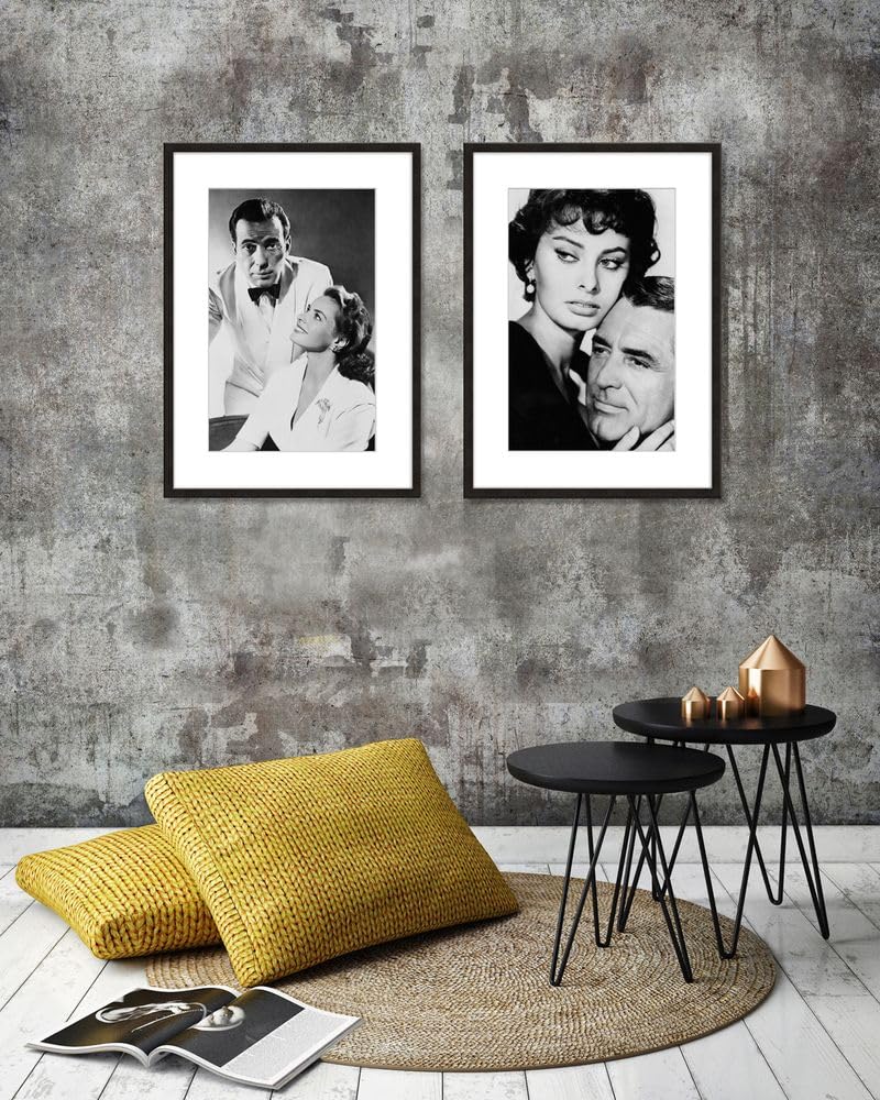 artissimo gerahmtes Poster 50x70 cm Sophia Loren & Cary Grant PE6583-SC – Schwarz-Weiß Bild mit Rahmen, Kunstdruck mit Passepartout, Hollywood Stars Wandbild Vintage Hochformat