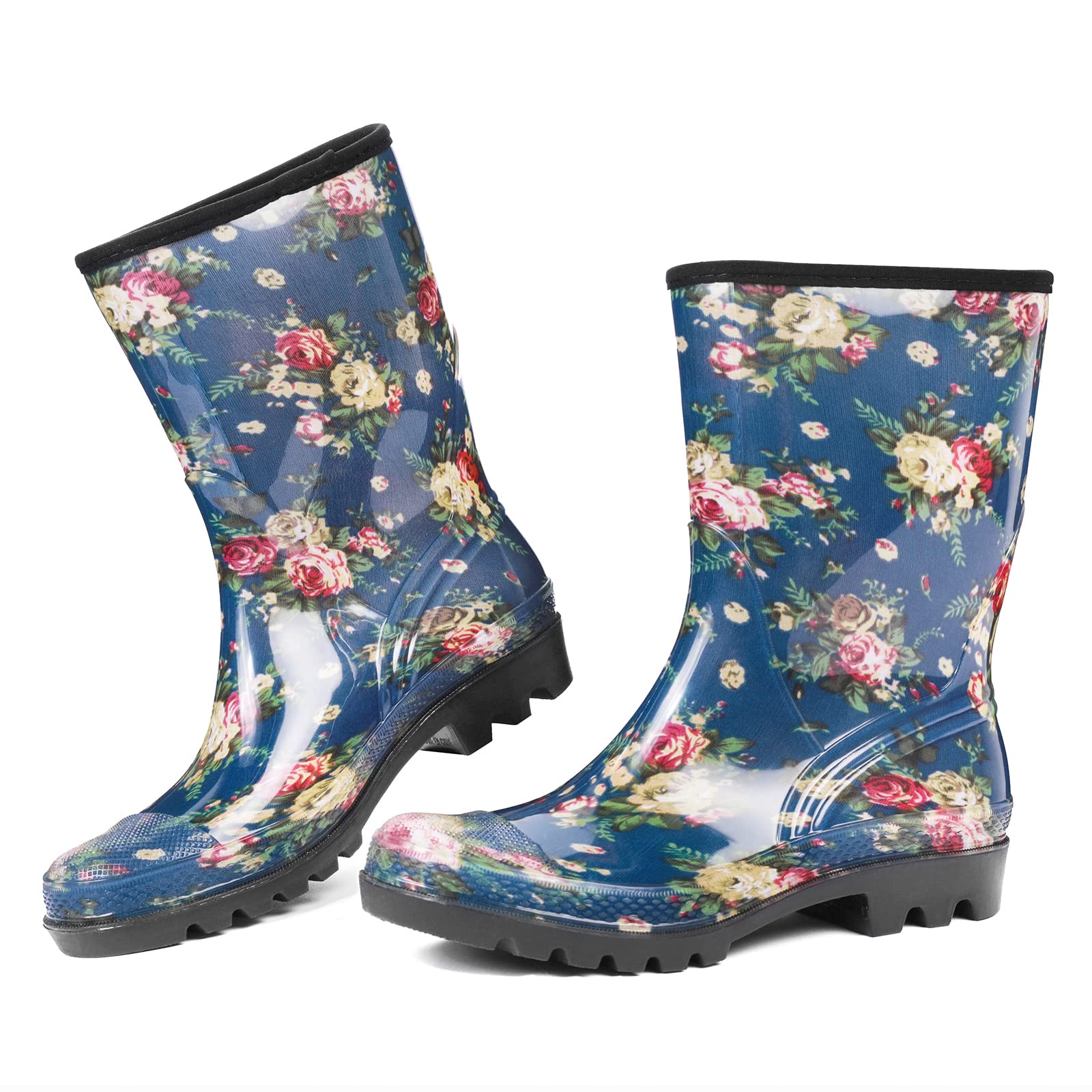 DKSUKO Waterproof Womens Rain Boots insulated,Lightweight Rubber fashion Wellies in Gardening,Warm and Comfortable Wide Calf Rain Boots with Glossy in Outdoor