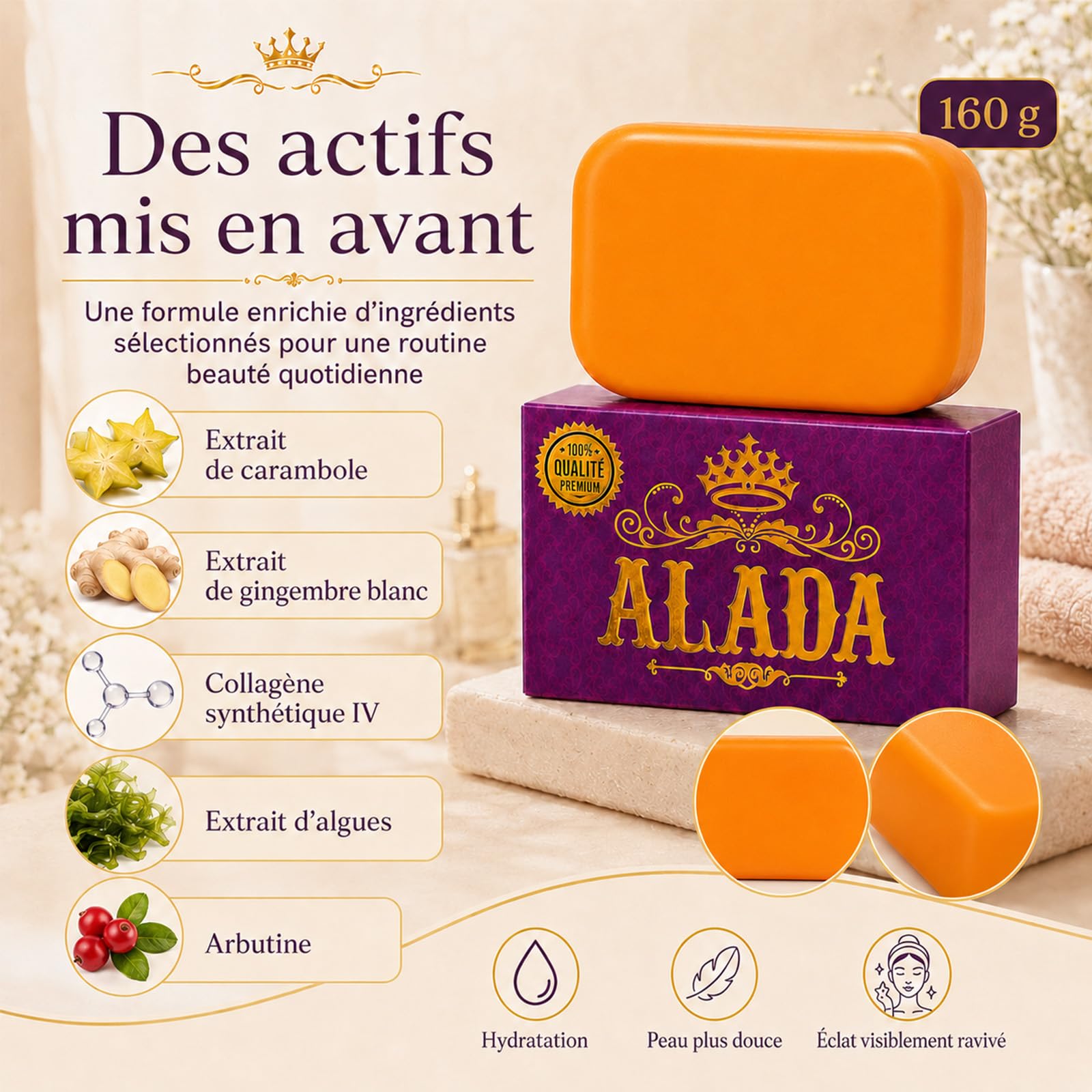 Aladasoap, Savon Aux Plantes Naturelles, Savon Éclaircissant À La Carambole, Soin Visage Et Corps Anti-Imperfections, 160g