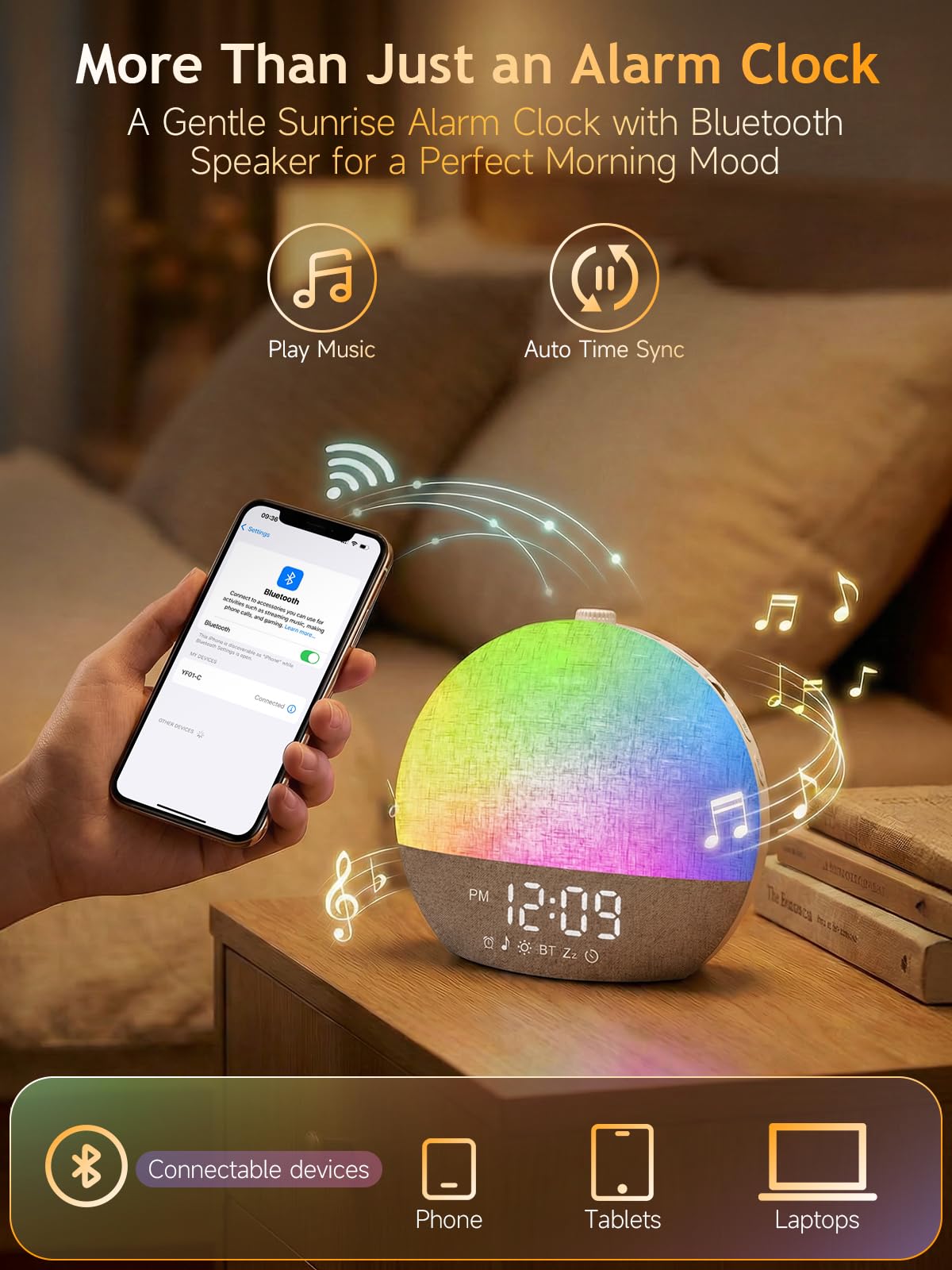 Despertador Amanecer, Despertador con Luz Natural Simulación de Amanecer, Lámpara de Cabecera Bluetooth, 30 Sonidos Ruido Blanco, 17 Modos de Luz RGB, 20 Niveles de Brillo, Temporizador y Snooze