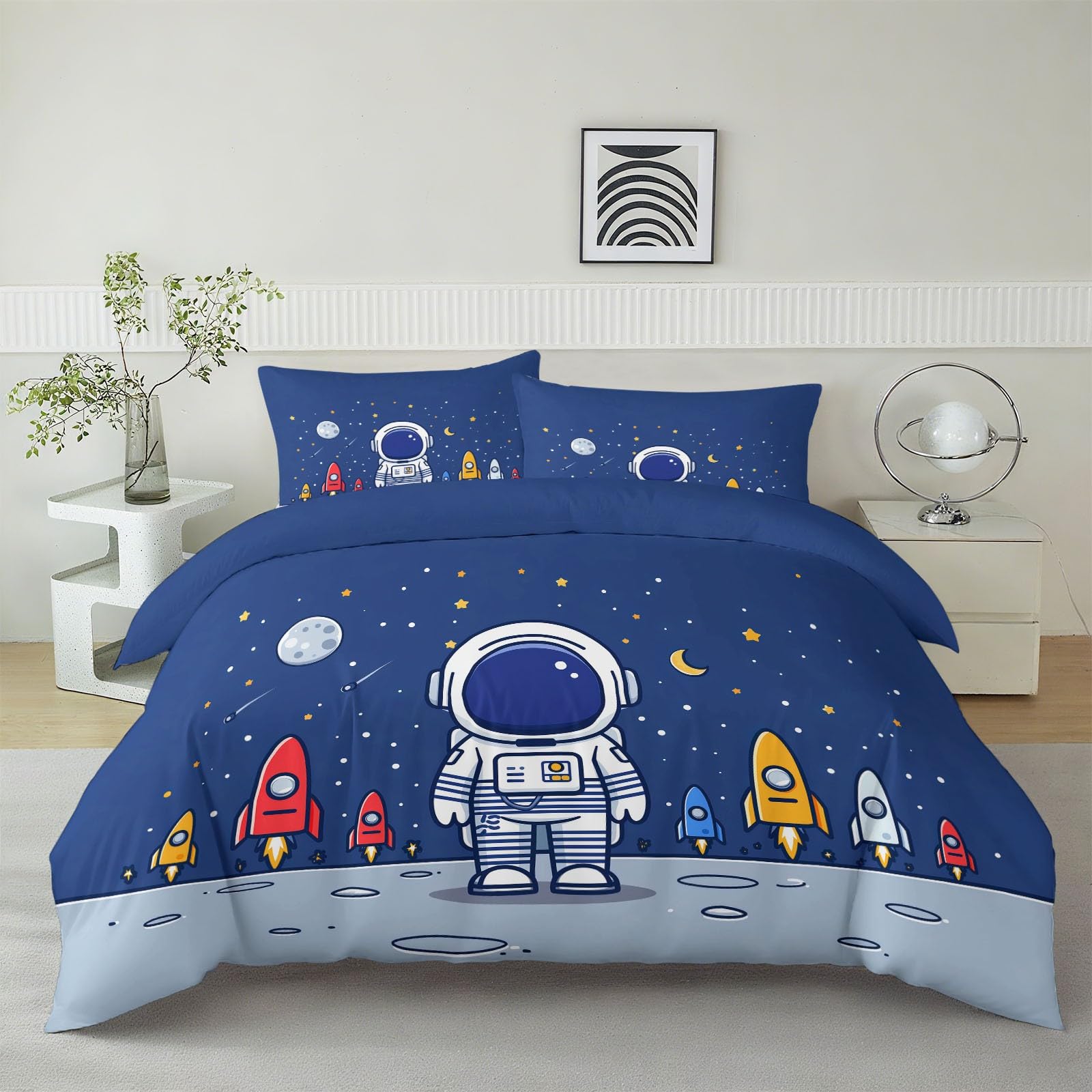 Poszwa na kołdrę 140 x 200 cm rysunki instrumenty muzyczne astronauci pościel dziecięca miękka i wygodna poliestrowa bawełna poszwa na kołdrę druk 3D z 2 poszewkami na poduszki, granatowy