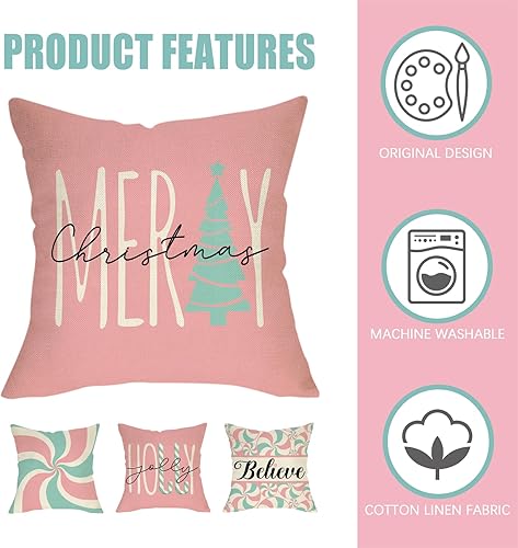 Miniatura 10 de Fahrendom Juego de 4 fundas de almohada rectangulares decorativas lumbares con árbol de Navidad de 12 x 20 pulgadas, con bastones de caramelo rojos
