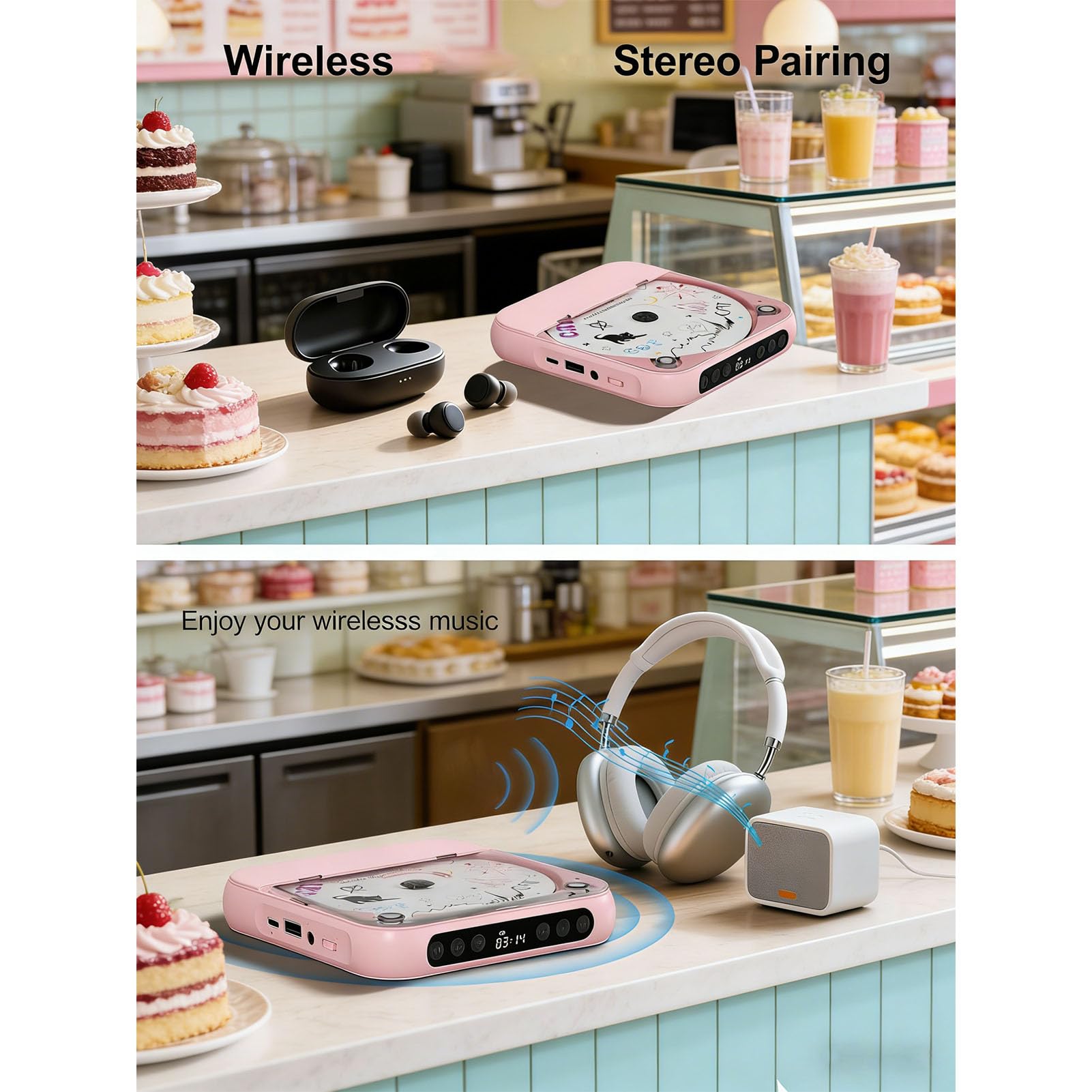 Cocoarm Lettore CD Portatile, Lettore CD Portatile Ricaricabile con Bluetooth 5.3, Doppi Altoparlanti Stereo, Batteria da 2000 MAh, Display LCD, Cuffie USB AUX per Casa, Auto all'aperto (PINK)