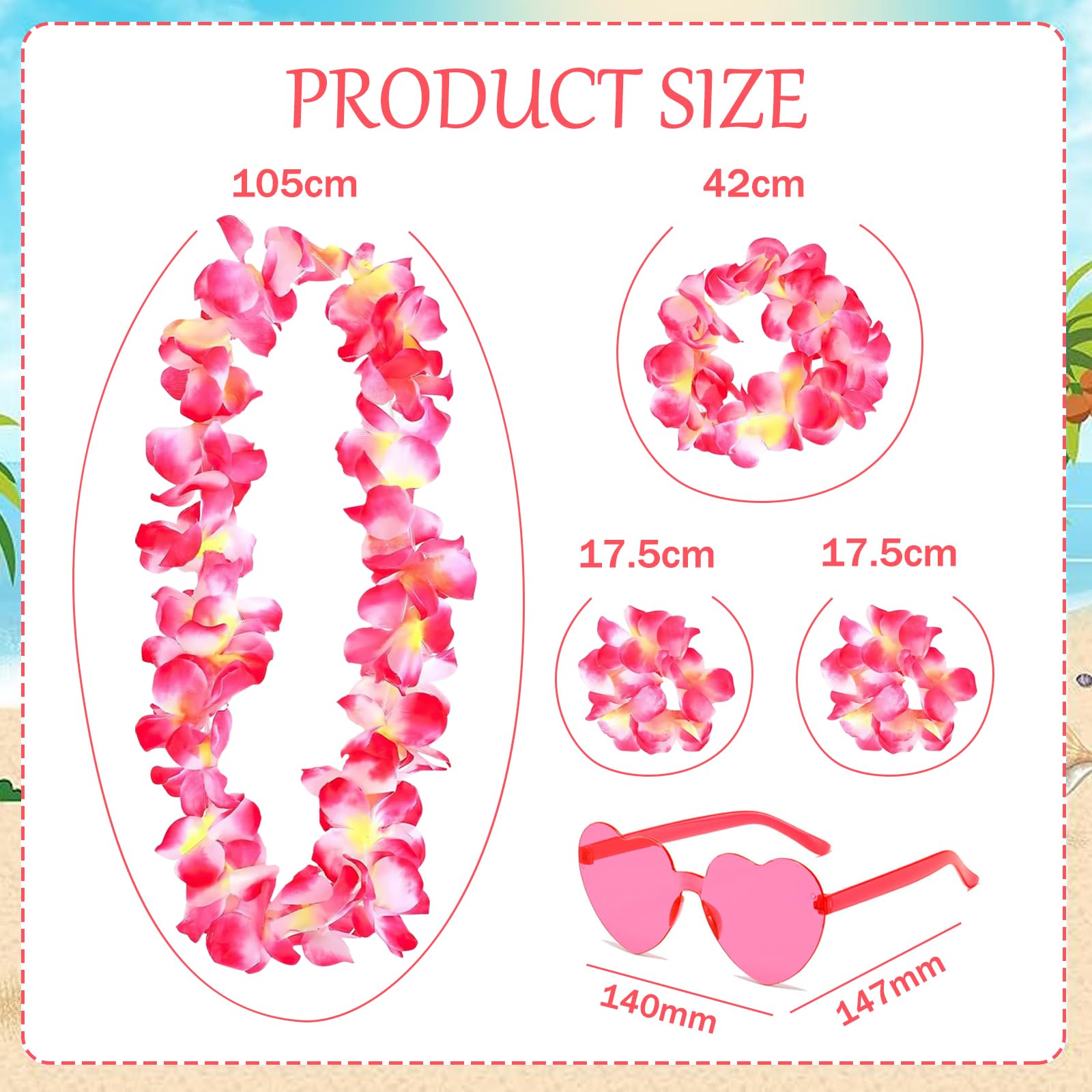 DAVBNM 2 Set Hawaiian Leis, Flower Garland, Flower Necklace, Headband Garland Hand Garlands Heart Sunglasses - Image 2