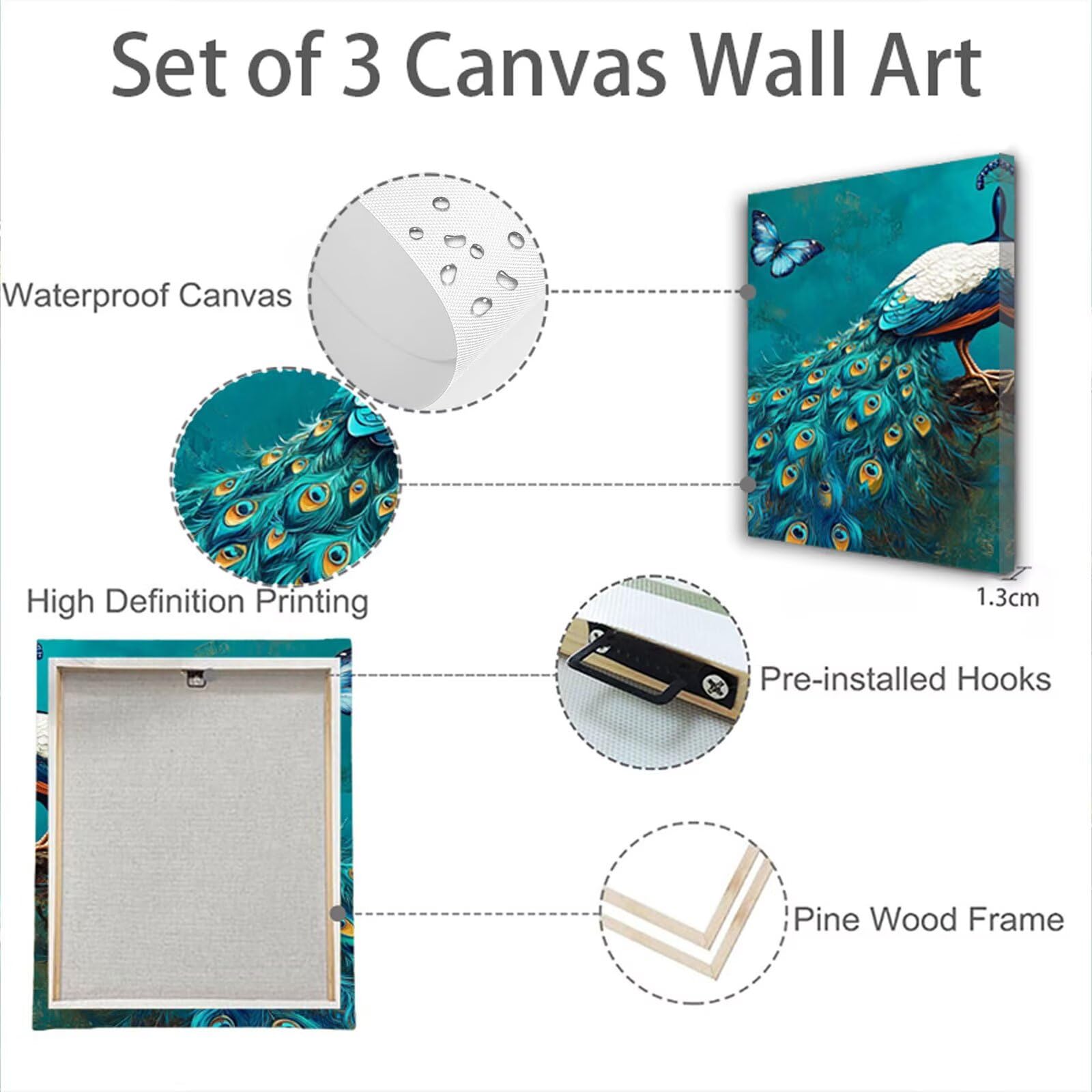 3 Pcs Cadre en Bois Impression sur Toile, Tableau Decoration Murale, Tableau Fleur Affiche Decoration Murale Paon Poster et Arts Décoratifs Triptyque Salon Chambre Prêt a Accrocher 35x50 cm 1f-1093