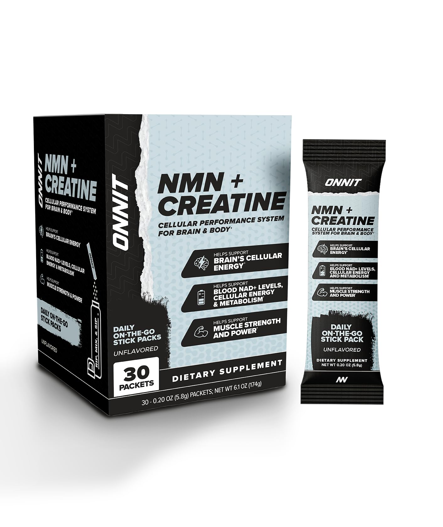 ONNIT NMN + Creatine Monohydrate Powder Stick Packs, Unflavored, 30 Ct