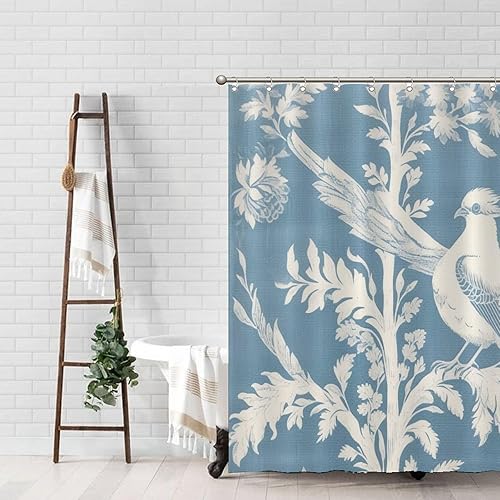 Miniatura 29 de Cortinas de ducha de baño con ganchos, 72 x 92 pulgadas, cortina de ducha de tela impermeable con diseño de flores y pájaros, cortina de ducha