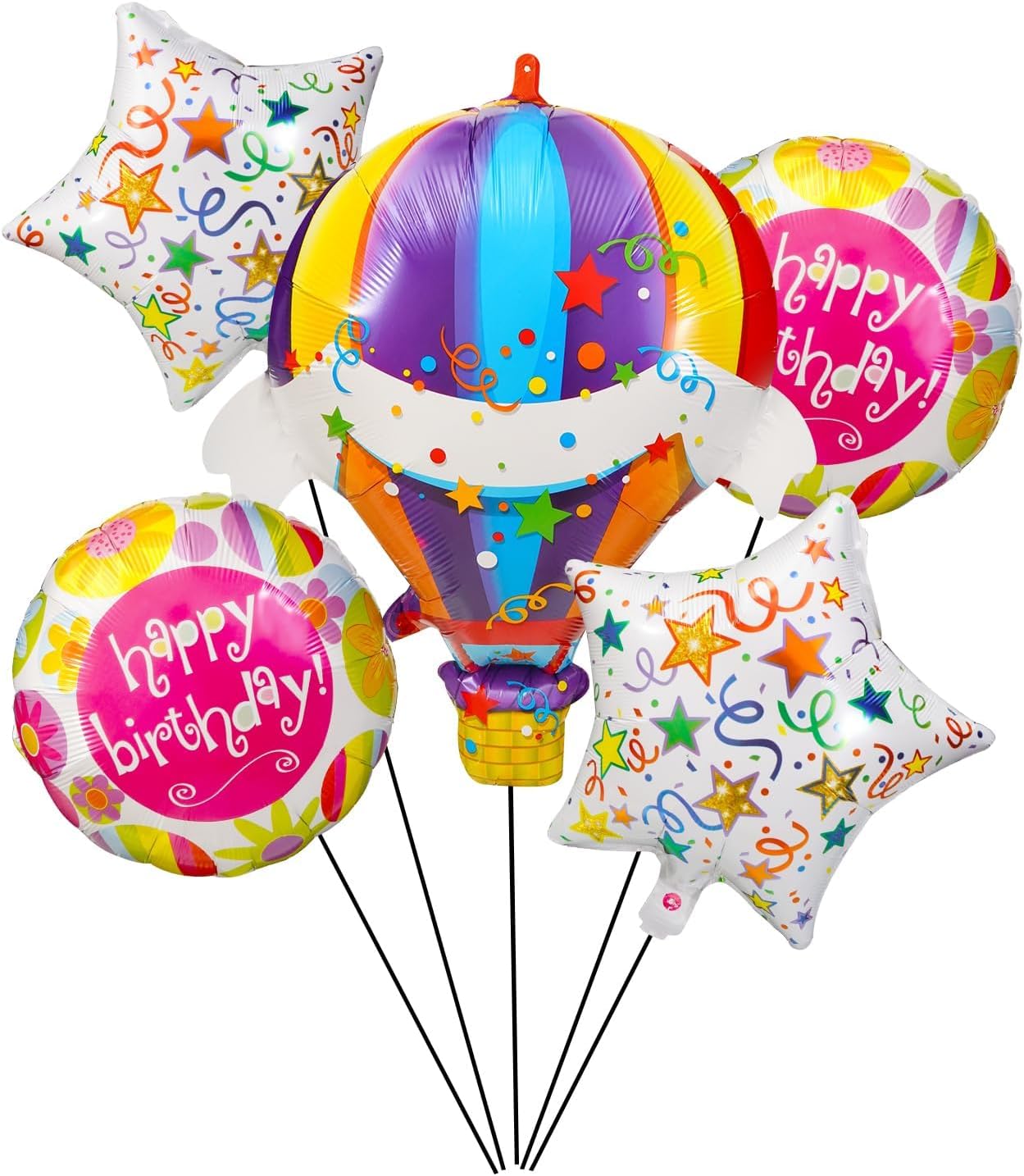 Happy Birthday Balloon Set, 5PCS Colorful Mylar Foil Balloons with Hot-Air, Star and Round Shapes, Birthday Decorations and Party Supplies for Kids and Adults Celebration Decor