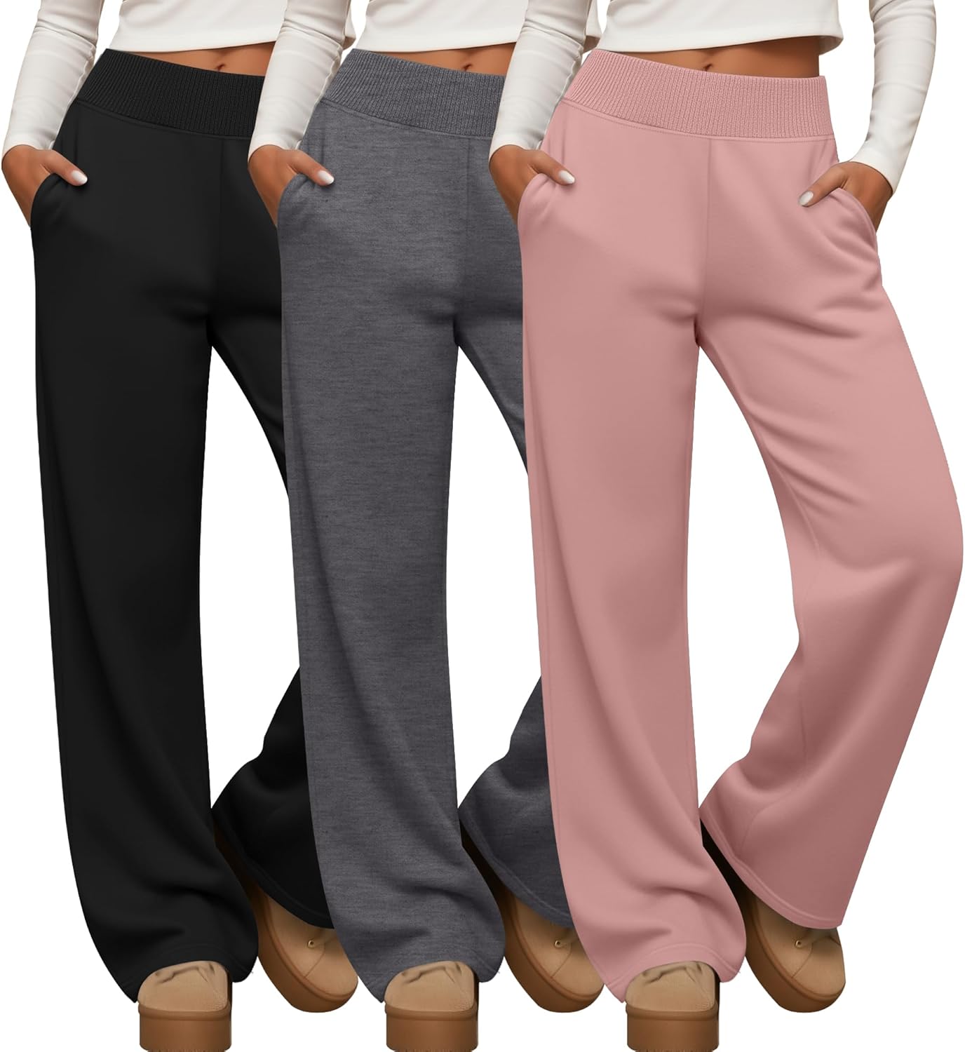 Neer 3 Pack Women’s Lounge Pants Wide Leg Yoga Pant with Pocket Ribbed Wide Waist Elderly Loose Soft Lightweight Pant Pajamas