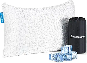 SUPA MODERN Cooling Bed Pillows for Sleeping 1 Pack Small Shredded Memory Foam Pillow Camping Travel Pillow - Compressible Medium Firm, Breathable Cover, ldeal Backpacking Hiking, Airplane and Car