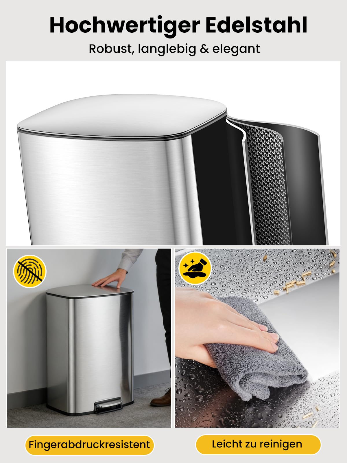 YEAUPE PRO Mülleimer Küche Edelstahl, Treteimer mit Fußpedal, Mülleimer mit Inneneimer, Abfalleimer Soft Close Deckel,Küchenabfalleimer für Mülltrennung inkl.15 Müllbeutel (50L Silber)