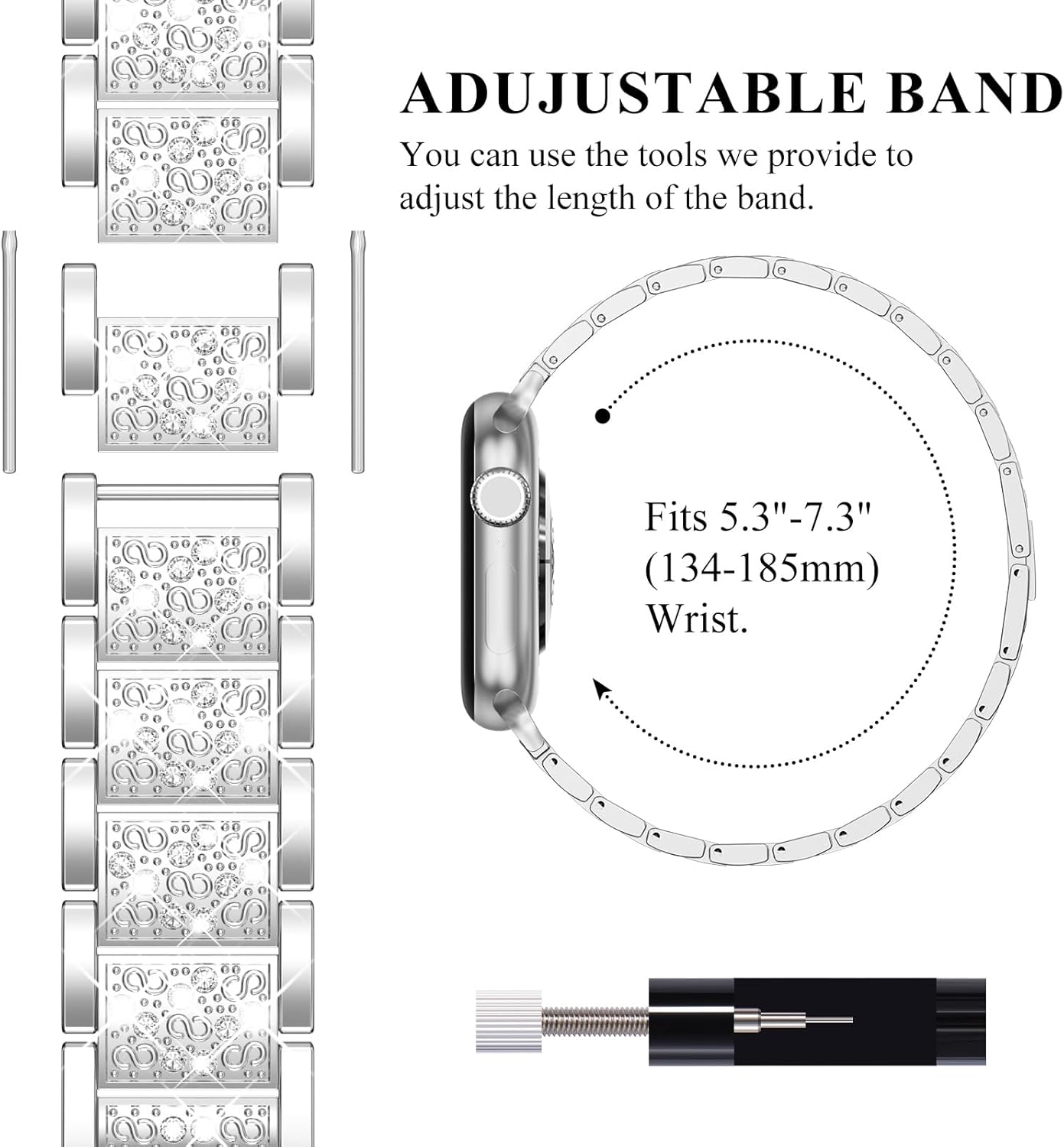 KADES Compatible with Apple Watch Band for Women, Fits for Series 11/10 (46/42mm), Series 9/8/7 (45/41mm), Series 6/5/4/SE (44/40mm), Series 3/2/1 (42/38mm), Shiny Rhinestone Metal Bracelet Strap - Image 4